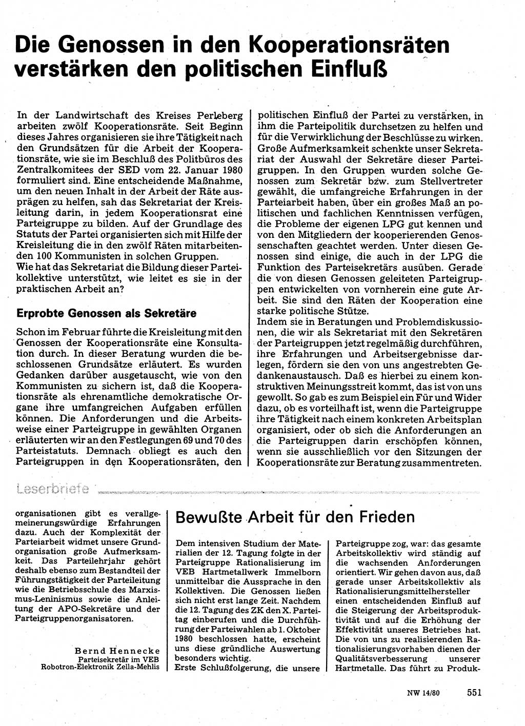 Neuer Weg (NW), Organ des Zentralkomitees (ZK) der SED (Sozialistische Einheitspartei Deutschlands) für Fragen des Parteilebens, 35. Jahrgang [Deutsche Demokratische Republik (DDR)] 1980, Seite 551 (NW ZK SED DDR 1980, S. 551)