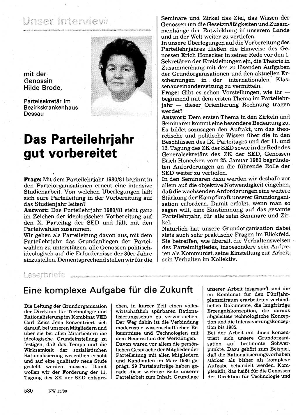 Neuer Weg (NW), Organ des Zentralkomitees (ZK) der SED (Sozialistische Einheitspartei Deutschlands) für Fragen des Parteilebens, 35. Jahrgang [Deutsche Demokratische Republik (DDR)] 1980, Seite 580 (NW ZK SED DDR 1980, S. 580)