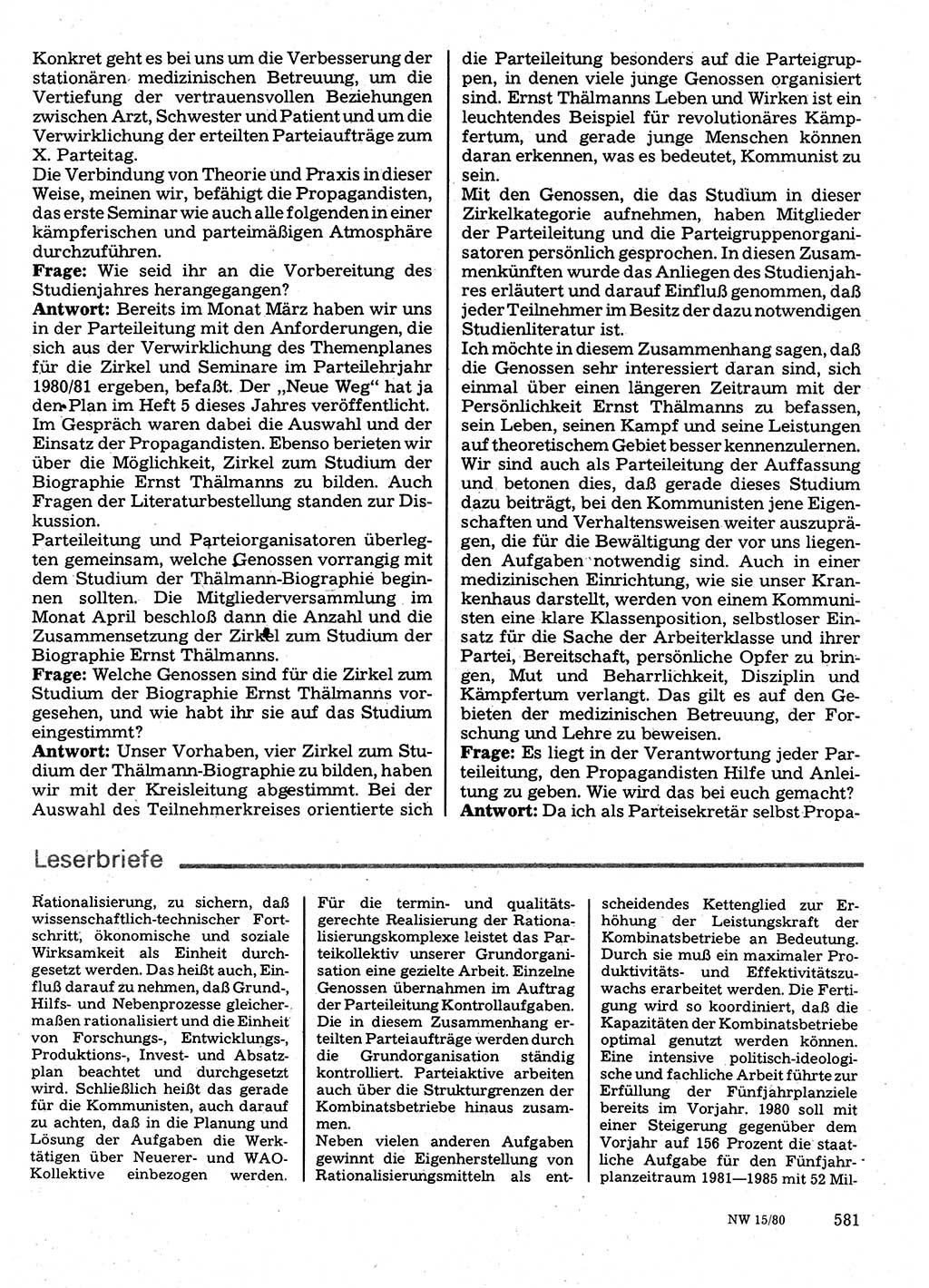 Neuer Weg (NW), Organ des Zentralkomitees (ZK) der SED (Sozialistische Einheitspartei Deutschlands) für Fragen des Parteilebens, 35. Jahrgang [Deutsche Demokratische Republik (DDR)] 1980, Seite 581 (NW ZK SED DDR 1980, S. 581)