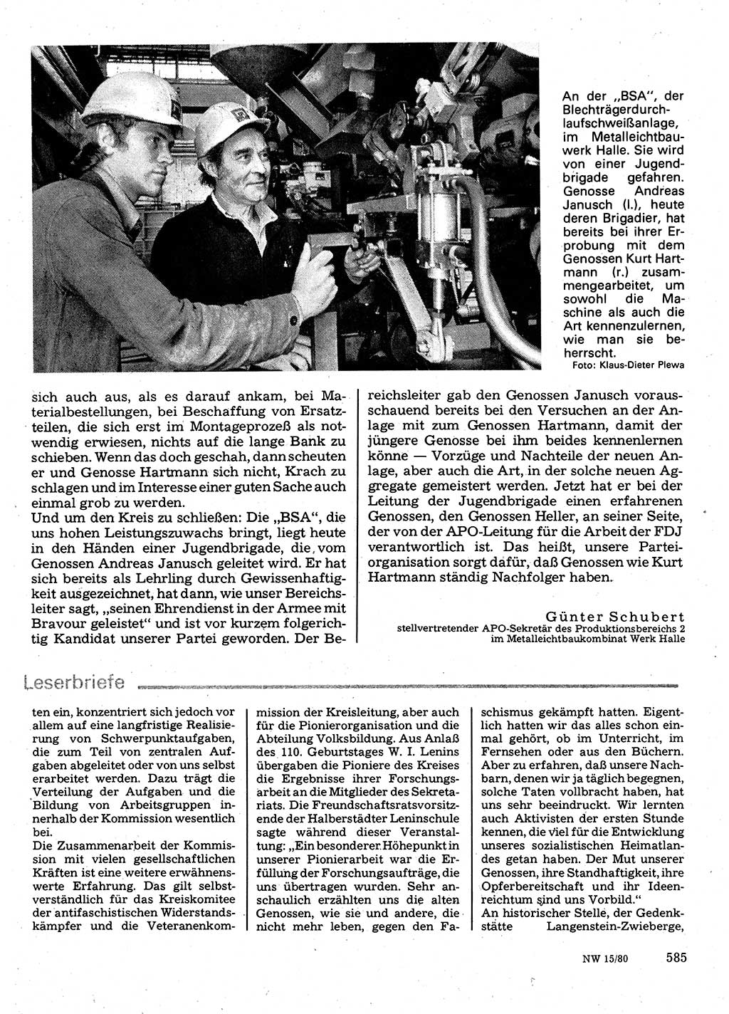 Neuer Weg (NW), Organ des Zentralkomitees (ZK) der SED (Sozialistische Einheitspartei Deutschlands) für Fragen des Parteilebens, 35. Jahrgang [Deutsche Demokratische Republik (DDR)] 1980, Seite 585 (NW ZK SED DDR 1980, S. 585)