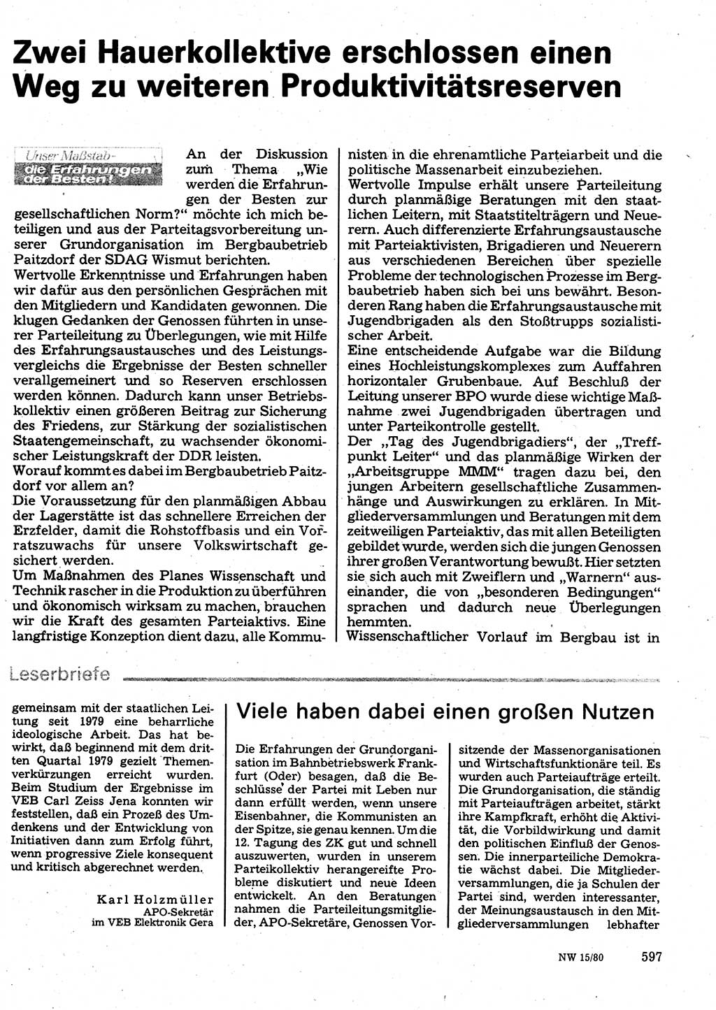 Neuer Weg (NW), Organ des Zentralkomitees (ZK) der SED (Sozialistische Einheitspartei Deutschlands) für Fragen des Parteilebens, 35. Jahrgang [Deutsche Demokratische Republik (DDR)] 1980, Seite 597 (NW ZK SED DDR 1980, S. 597)