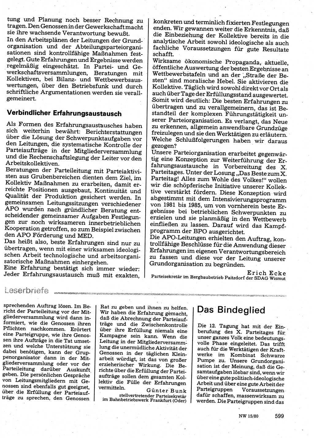 Neuer Weg (NW), Organ des Zentralkomitees (ZK) der SED (Sozialistische Einheitspartei Deutschlands) für Fragen des Parteilebens, 35. Jahrgang [Deutsche Demokratische Republik (DDR)] 1980, Seite 599 (NW ZK SED DDR 1980, S. 599)