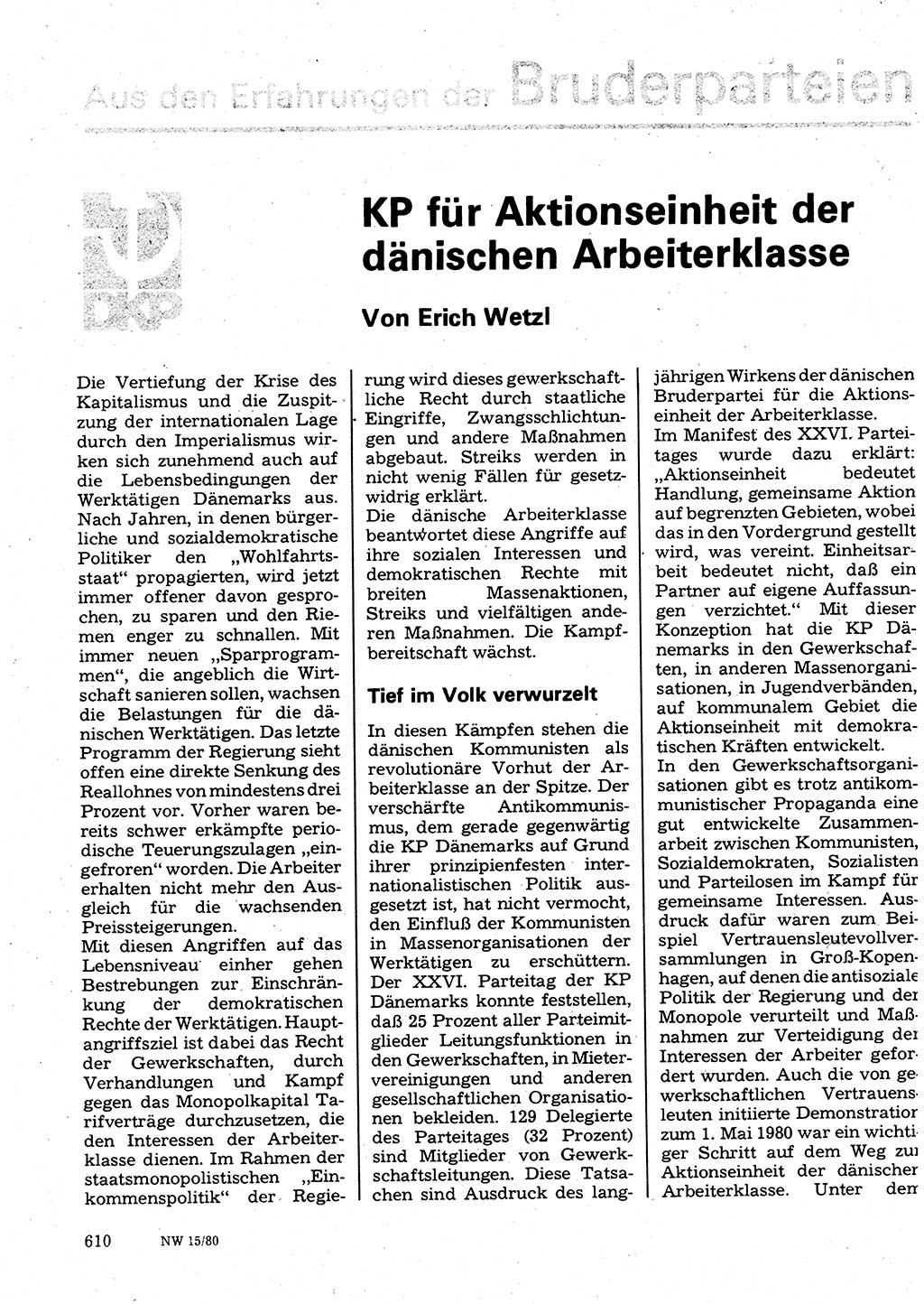 Neuer Weg (NW), Organ des Zentralkomitees (ZK) der SED (Sozialistische Einheitspartei Deutschlands) für Fragen des Parteilebens, 35. Jahrgang [Deutsche Demokratische Republik (DDR)] 1980, Seite 610 (NW ZK SED DDR 1980, S. 610)