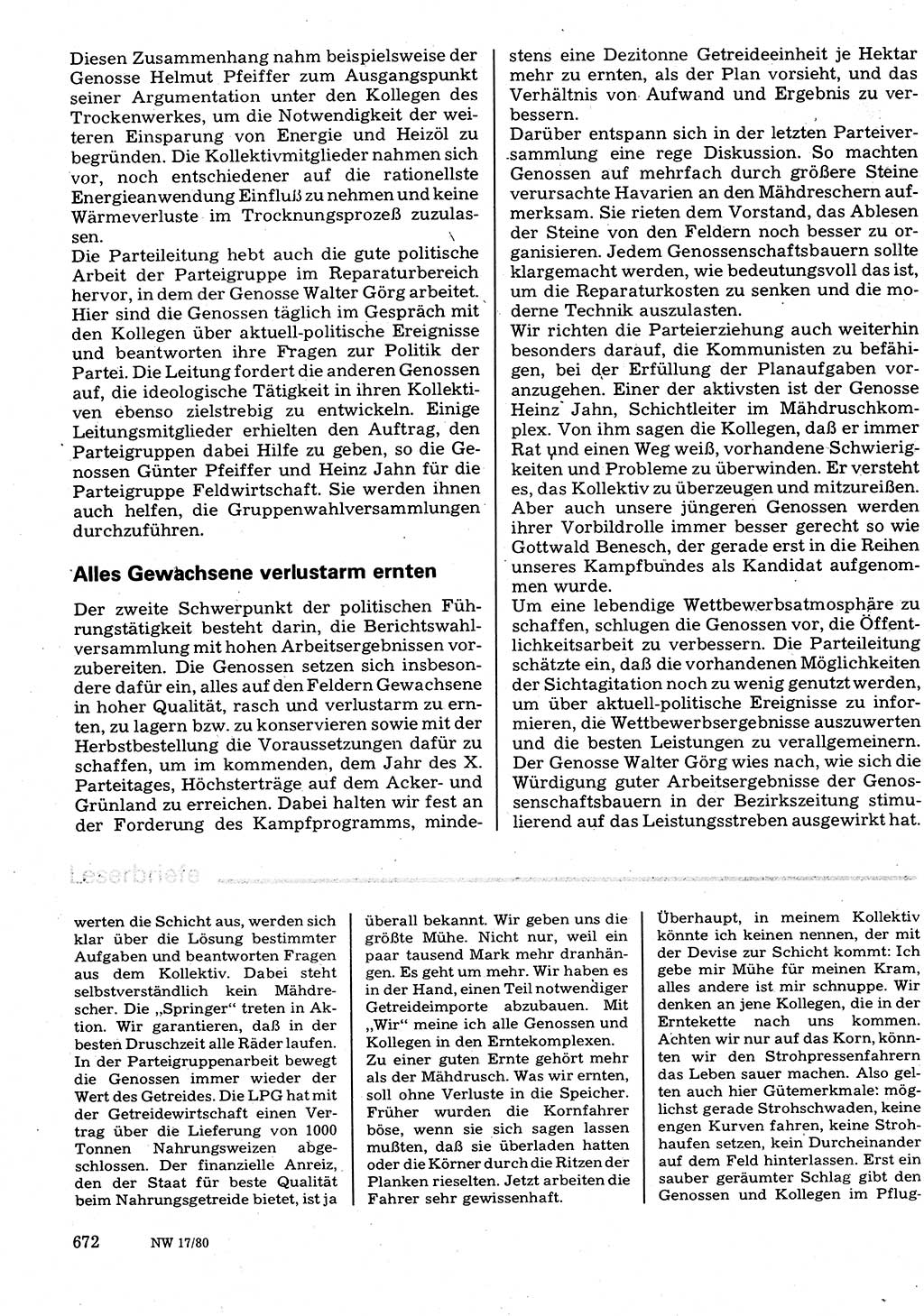 Neuer Weg (NW), Organ des Zentralkomitees (ZK) der SED (Sozialistische Einheitspartei Deutschlands) für Fragen des Parteilebens, 35. Jahrgang [Deutsche Demokratische Republik (DDR)] 1980, Seite 672 (NW ZK SED DDR 1980, S. 672)