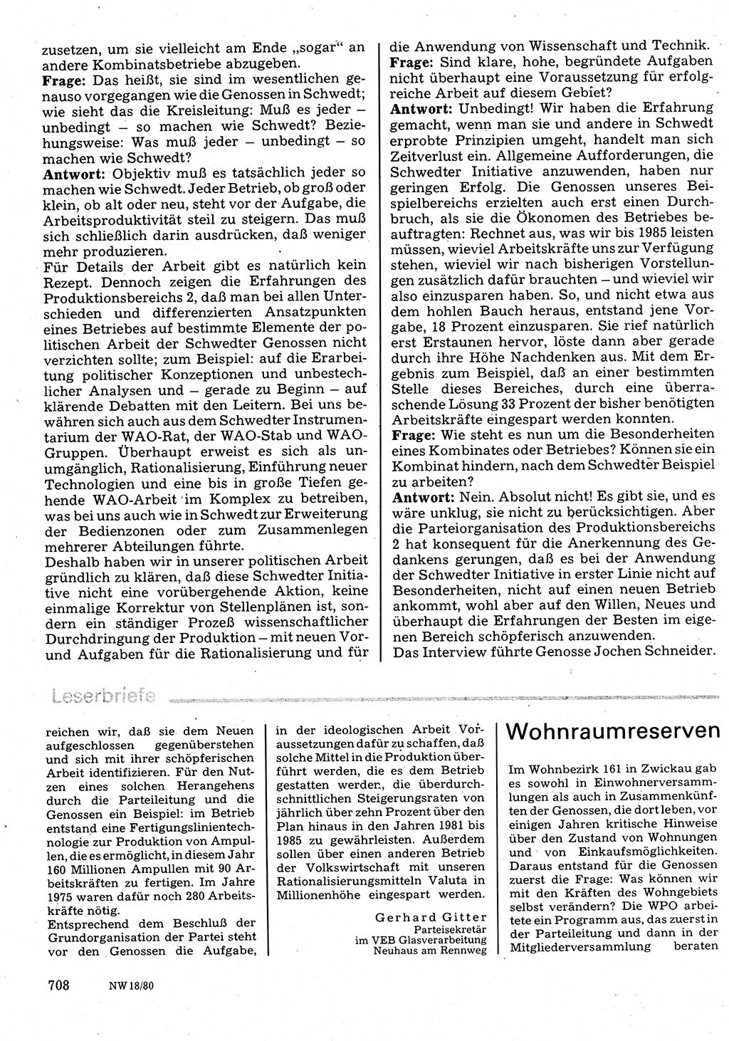 Neuer Weg (NW), Organ des Zentralkomitees (ZK) der SED (Sozialistische Einheitspartei Deutschlands) für Fragen des Parteilebens, 35. Jahrgang [Deutsche Demokratische Republik (DDR)] 1980, Seite 708 (NW ZK SED DDR 1980, S. 708)