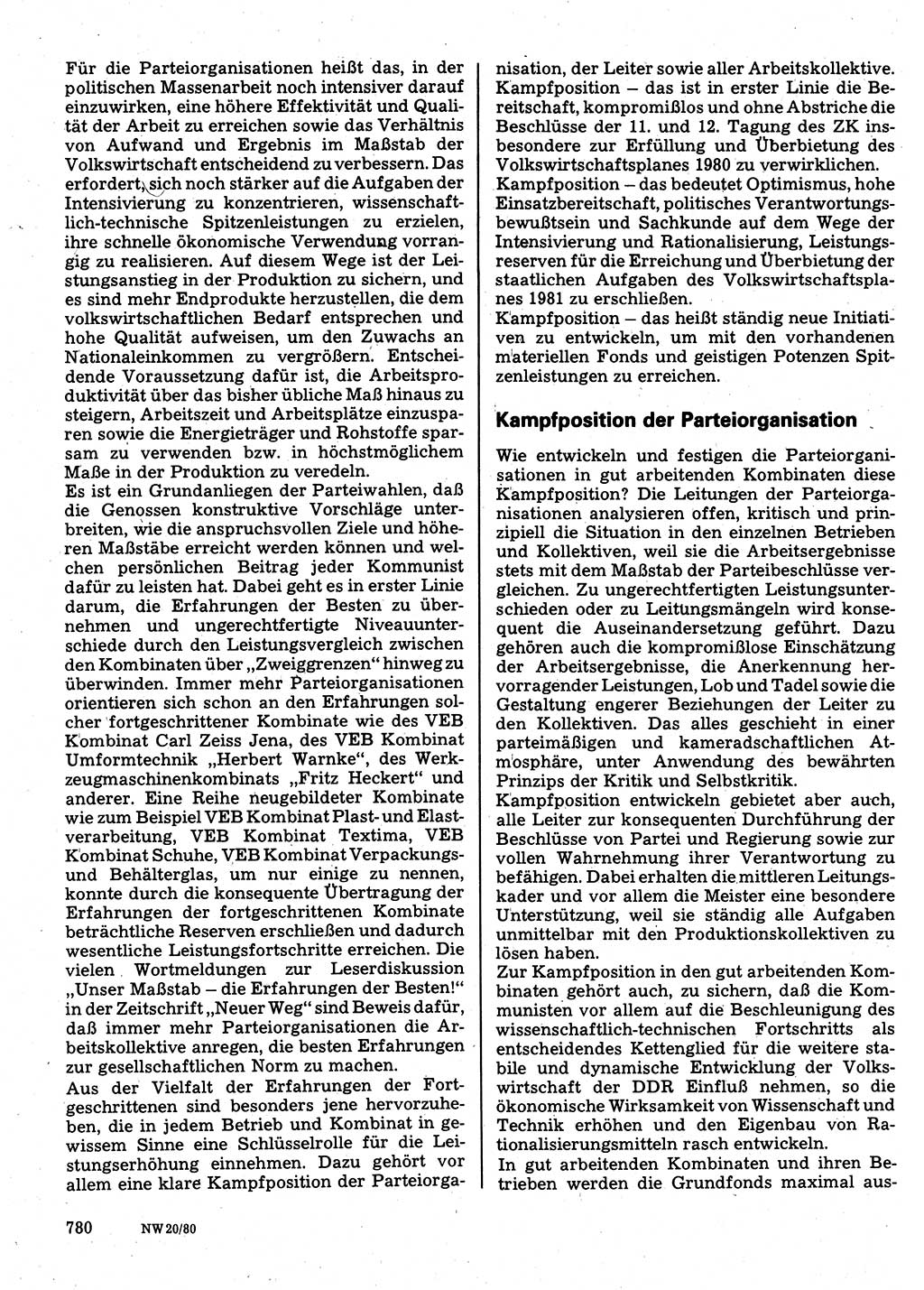 Neuer Weg (NW), Organ des Zentralkomitees (ZK) der SED (Sozialistische Einheitspartei Deutschlands) für Fragen des Parteilebens, 35. Jahrgang [Deutsche Demokratische Republik (DDR)] 1980, Seite 780 (NW ZK SED DDR 1980, S. 780)