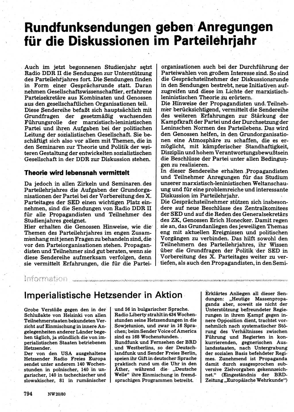 Neuer Weg (NW), Organ des Zentralkomitees (ZK) der SED (Sozialistische Einheitspartei Deutschlands) für Fragen des Parteilebens, 35. Jahrgang [Deutsche Demokratische Republik (DDR)] 1980, Seite 794 (NW ZK SED DDR 1980, S. 794)