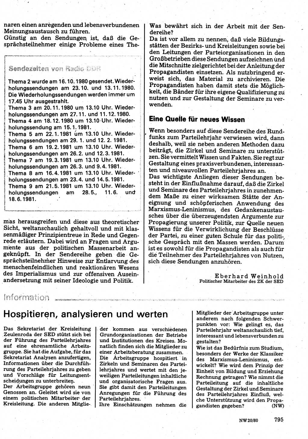 Neuer Weg (NW), Organ des Zentralkomitees (ZK) der SED (Sozialistische Einheitspartei Deutschlands) für Fragen des Parteilebens, 35. Jahrgang [Deutsche Demokratische Republik (DDR)] 1980, Seite 795 (NW ZK SED DDR 1980, S. 795)