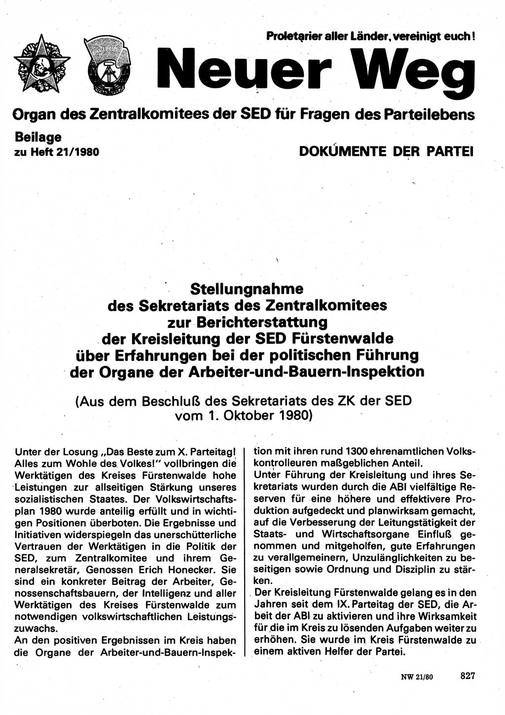 Neuer Weg (NW), Organ des Zentralkomitees (ZK) der SED (Sozialistische Einheitspartei Deutschlands) für Fragen des Parteilebens, 35. Jahrgang [Deutsche Demokratische Republik (DDR)] 1980, Seite 827 (NW ZK SED DDR 1980, S. 827)