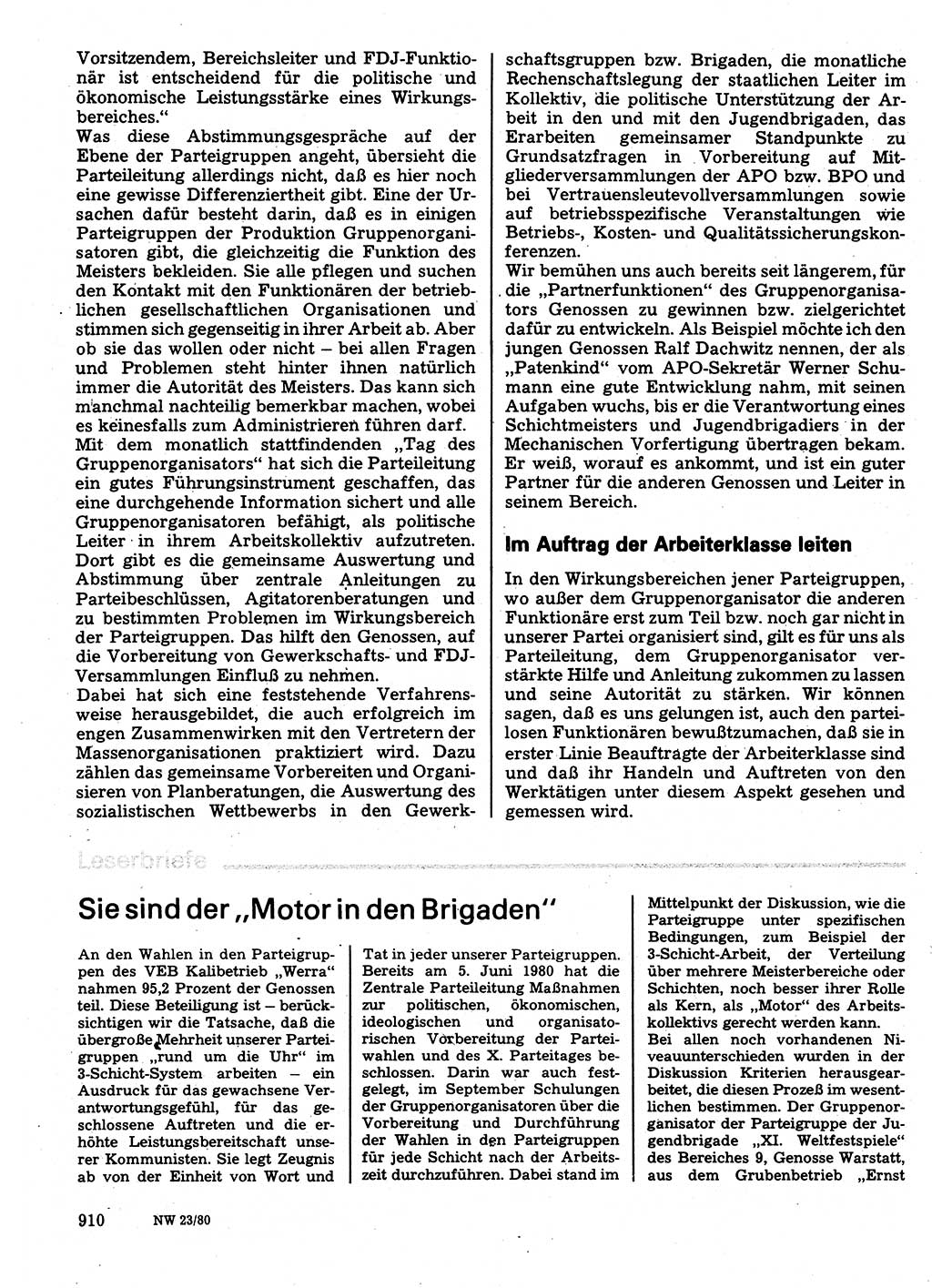 Neuer Weg (NW), Organ des Zentralkomitees (ZK) der SED (Sozialistische Einheitspartei Deutschlands) für Fragen des Parteilebens, 35. Jahrgang [Deutsche Demokratische Republik (DDR)] 1980, Seite 910 (NW ZK SED DDR 1980, S. 910)