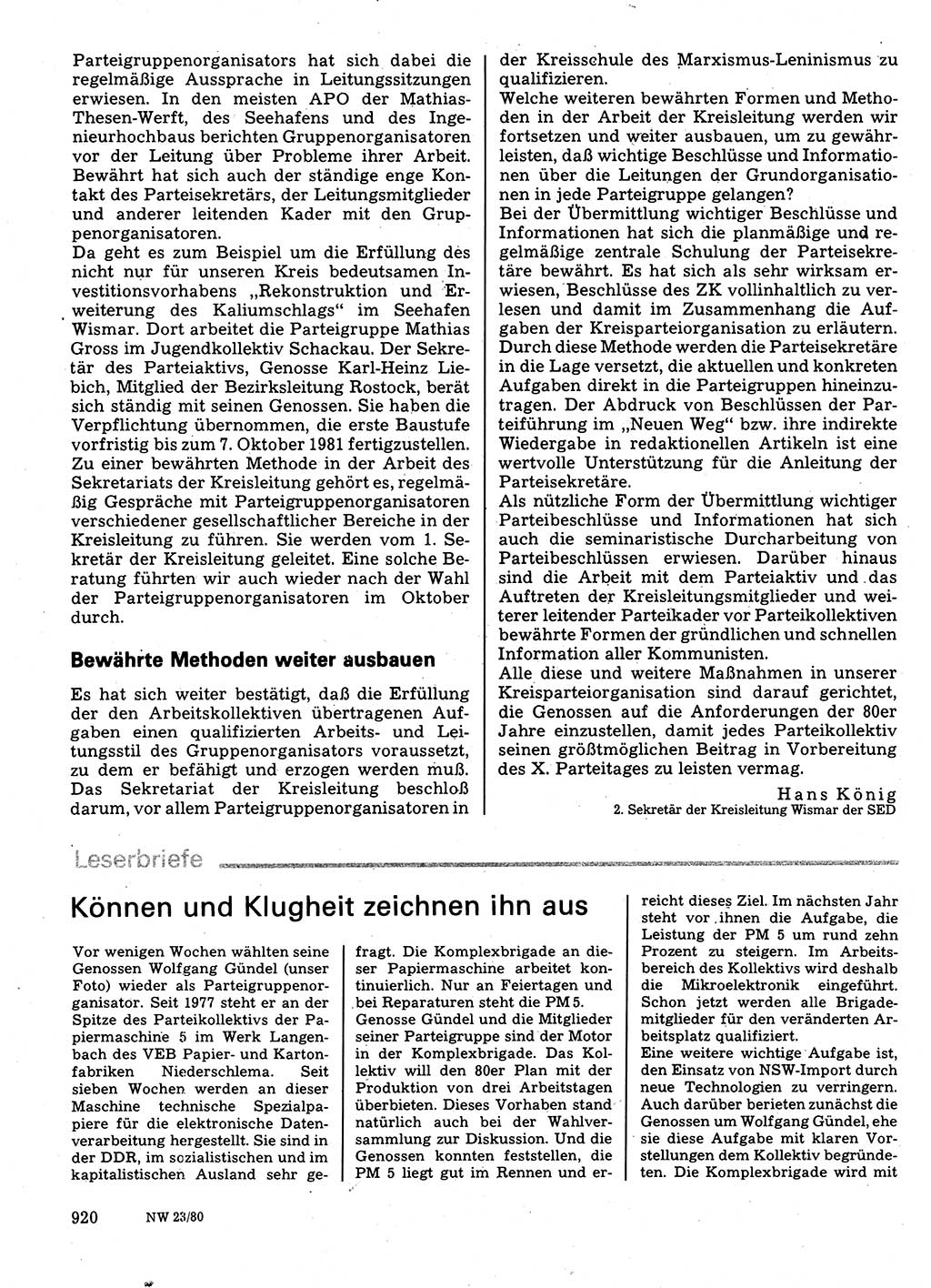 Neuer Weg (NW), Organ des Zentralkomitees (ZK) der SED (Sozialistische Einheitspartei Deutschlands) für Fragen des Parteilebens, 35. Jahrgang [Deutsche Demokratische Republik (DDR)] 1980, Seite 920 (NW ZK SED DDR 1980, S. 920)