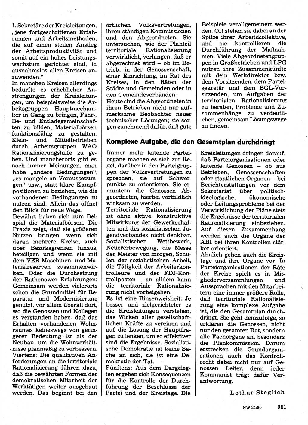 Neuer Weg (NW), Organ des Zentralkomitees (ZK) der SED (Sozialistische Einheitspartei Deutschlands) für Fragen des Parteilebens, 35. Jahrgang [Deutsche Demokratische Republik (DDR)] 1980, Seite 961 (NW ZK SED DDR 1980, S. 961)