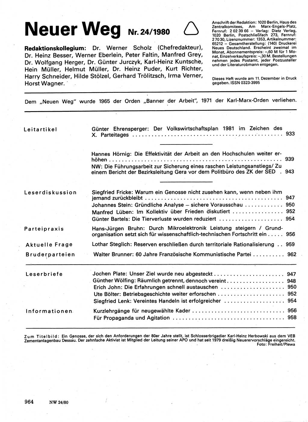 Neuer Weg (NW), Organ des Zentralkomitees (ZK) der SED (Sozialistische Einheitspartei Deutschlands) für Fragen des Parteilebens, 35. Jahrgang [Deutsche Demokratische Republik (DDR)] 1980, Seite 964 (NW ZK SED DDR 1980, S. 964)