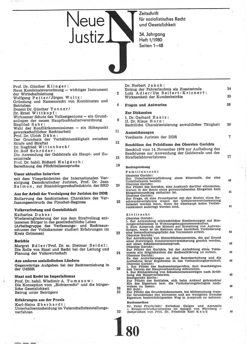 Neue Justiz (NJ), Zeitschrift für sozialistisches Recht und Gesetzlichkeit [Deutsche Demokratische Republik (DDR)], 34. Jahrgang 1980, Seite 1 (NJ DDR 1980, S. 1)