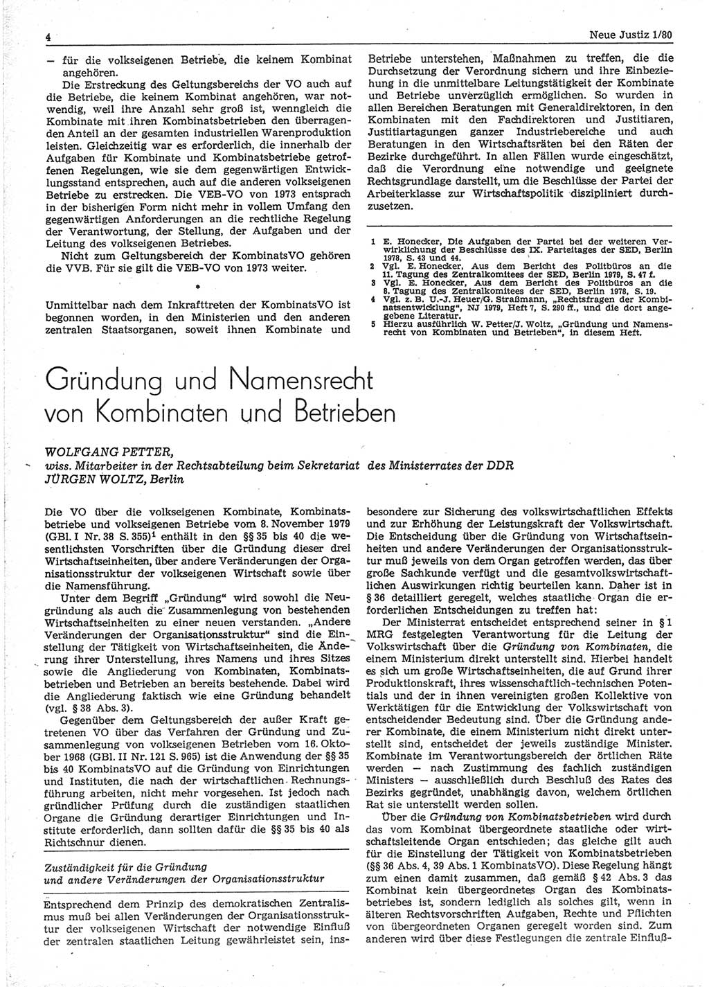 Neue Justiz (NJ), Zeitschrift für sozialistisches Recht und Gesetzlichkeit [Deutsche Demokratische Republik (DDR)], 34. Jahrgang 1980, Seite 4 (NJ DDR 1980, S. 4)