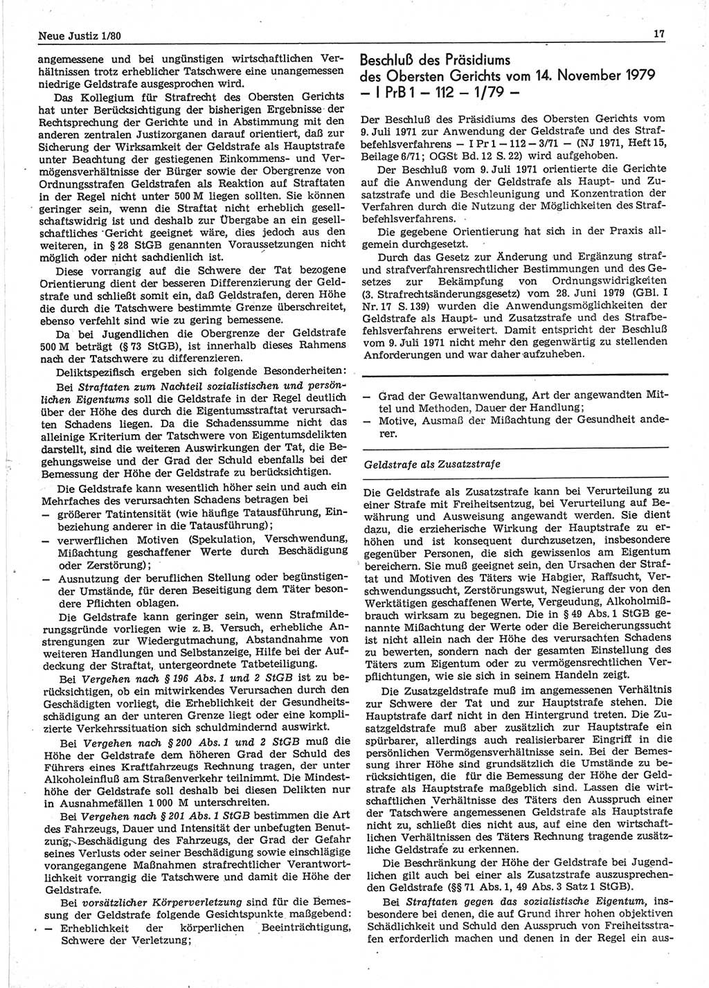 Neue Justiz (NJ), Zeitschrift für sozialistisches Recht und Gesetzlichkeit [Deutsche Demokratische Republik (DDR)], 34. Jahrgang 1980, Seite 17 (NJ DDR 1980, S. 17)