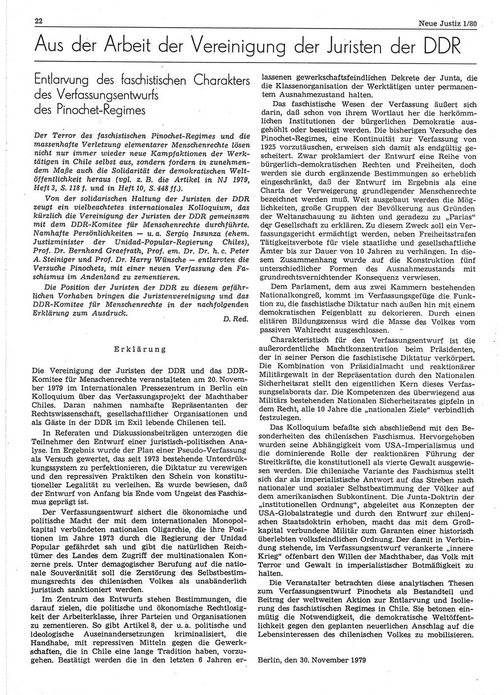 Neue Justiz (NJ), Zeitschrift für sozialistisches Recht und Gesetzlichkeit [Deutsche Demokratische Republik (DDR)], 34. Jahrgang 1980, Seite 22 (NJ DDR 1980, S. 22)
