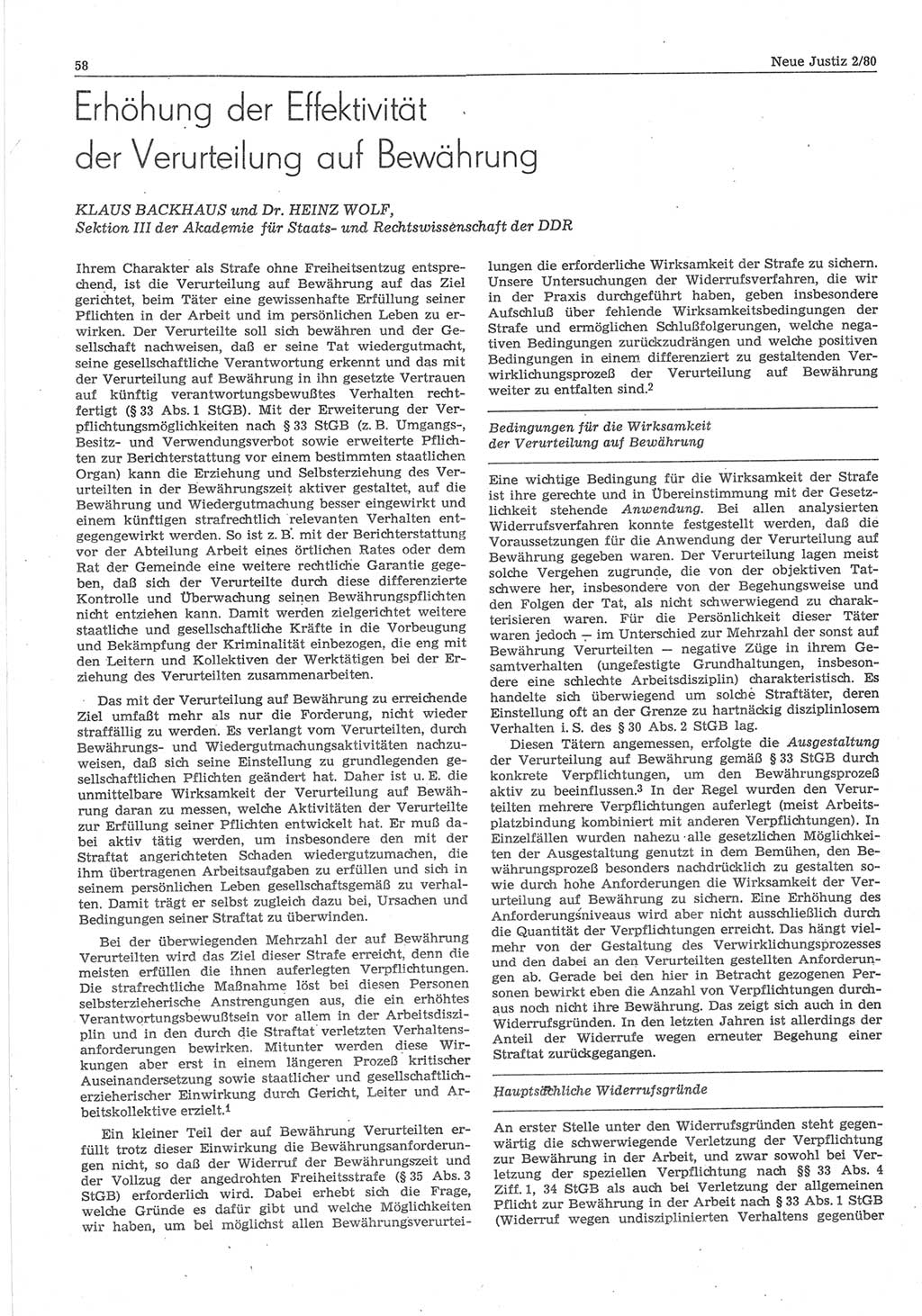 Neue Justiz (NJ), Zeitschrift für sozialistisches Recht und Gesetzlichkeit [Deutsche Demokratische Republik (DDR)], 34. Jahrgang 1980, Seite 58 (NJ DDR 1980, S. 58)