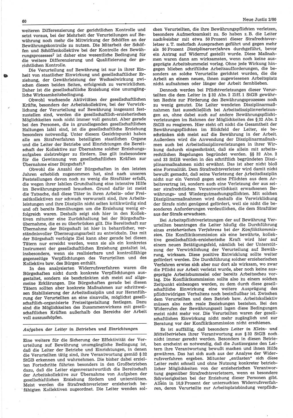 Neue Justiz (NJ), Zeitschrift für sozialistisches Recht und Gesetzlichkeit [Deutsche Demokratische Republik (DDR)], 34. Jahrgang 1980, Seite 60 (NJ DDR 1980, S. 60)