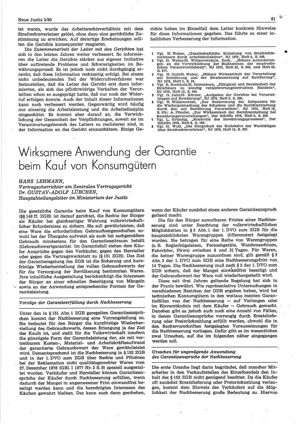 Neue Justiz (NJ), Zeitschrift für sozialistisches Recht und Gesetzlichkeit [Deutsche Demokratische Republik (DDR)], 34. Jahrgang 1980, Seite 61 (NJ DDR 1980, S. 61)