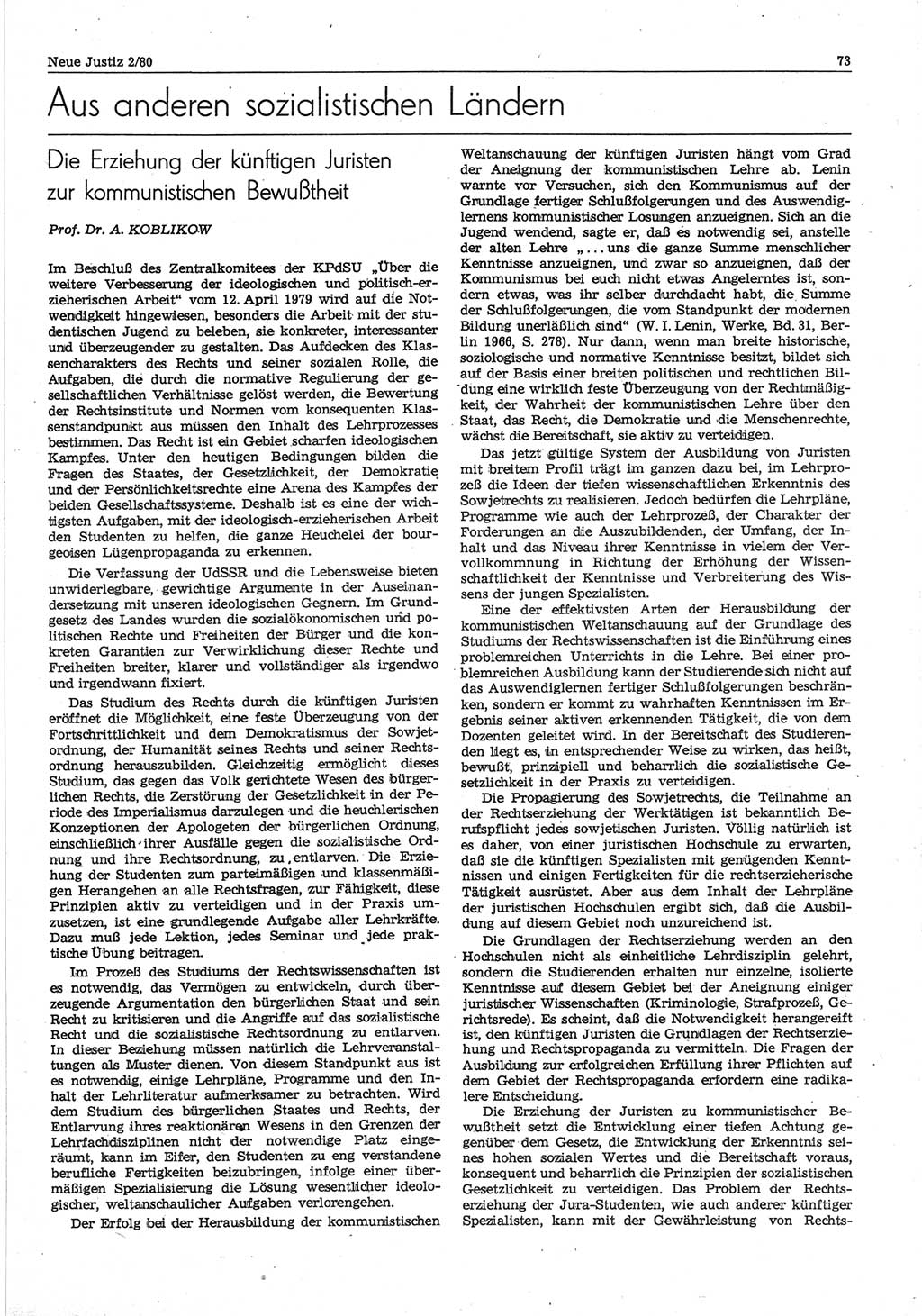 Neue Justiz (NJ), Zeitschrift für sozialistisches Recht und Gesetzlichkeit [Deutsche Demokratische Republik (DDR)], 34. Jahrgang 1980, Seite 73 (NJ DDR 1980, S. 73)