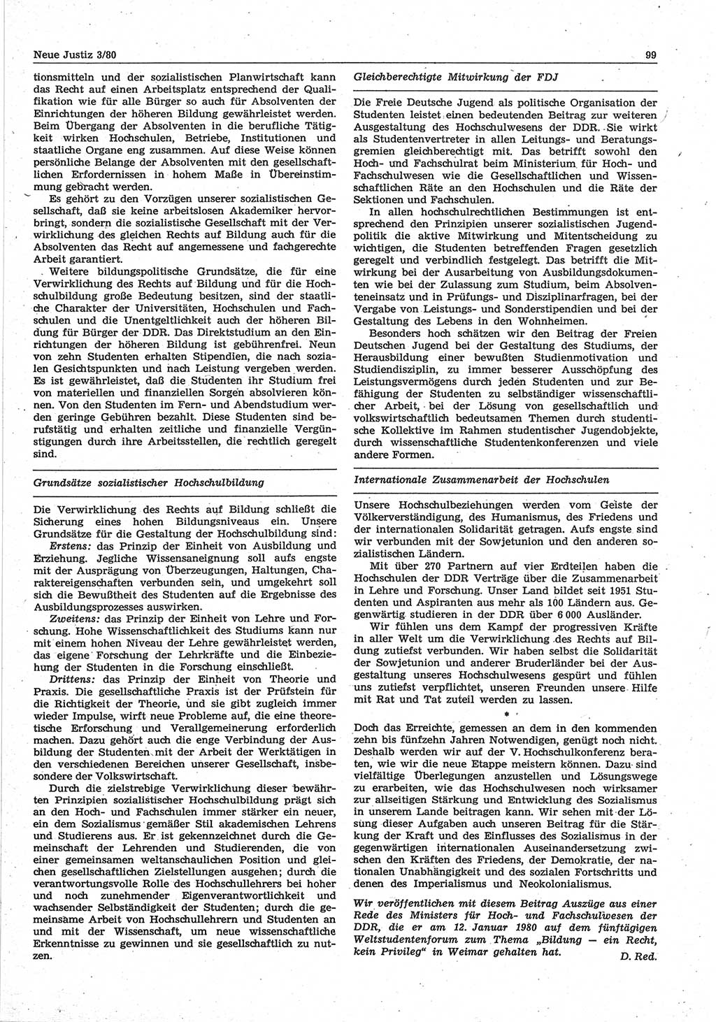 Neue Justiz (NJ), Zeitschrift für sozialistisches Recht und Gesetzlichkeit [Deutsche Demokratische Republik (DDR)], 34. Jahrgang 1980, Seite 99 (NJ DDR 1980, S. 99)