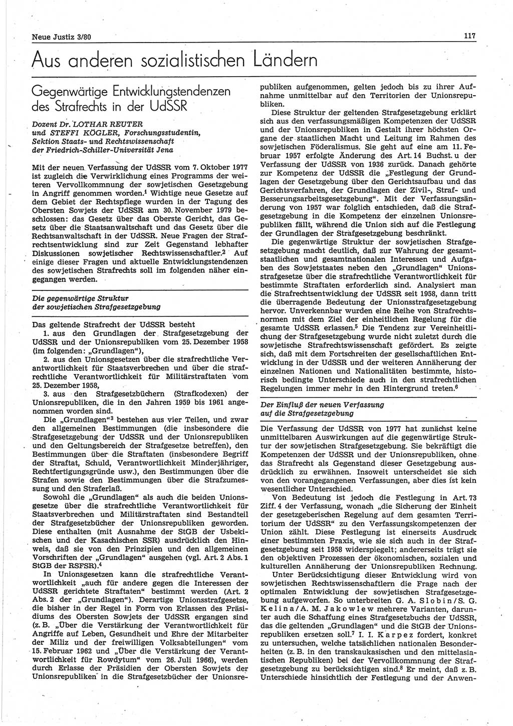 Neue Justiz (NJ), Zeitschrift für sozialistisches Recht und Gesetzlichkeit [Deutsche Demokratische Republik (DDR)], 34. Jahrgang 1980, Seite 117 (NJ DDR 1980, S. 117)