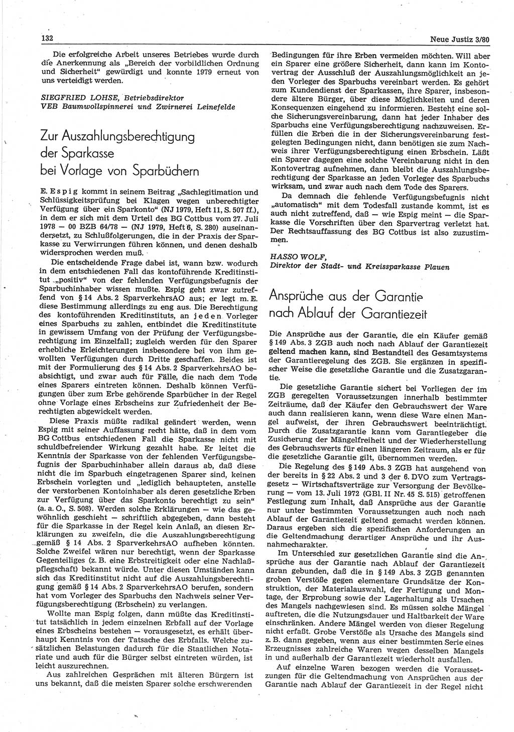 Neue Justiz (NJ), Zeitschrift für sozialistisches Recht und Gesetzlichkeit [Deutsche Demokratische Republik (DDR)], 34. Jahrgang 1980, Seite 132 (NJ DDR 1980, S. 132)