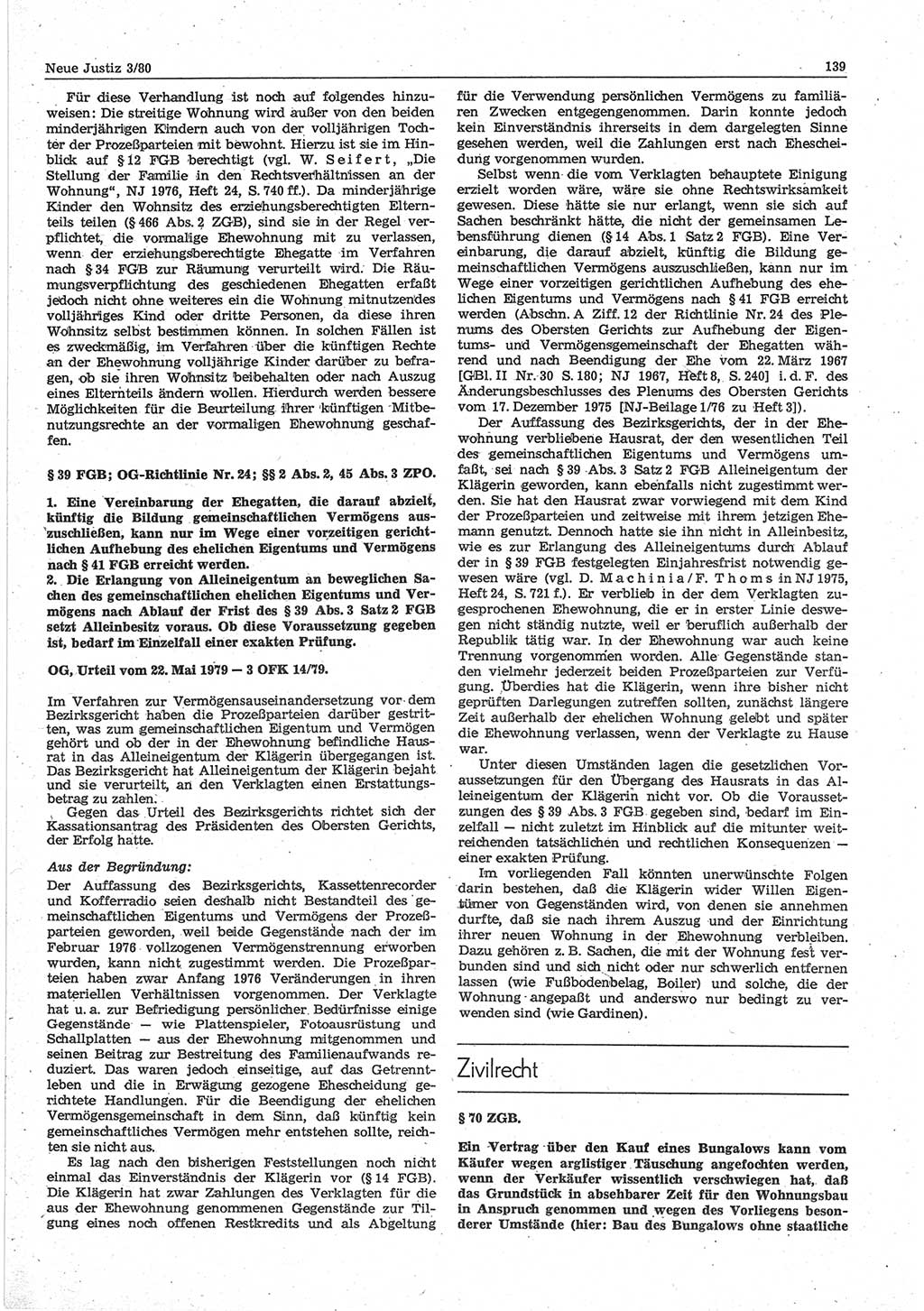 Neue Justiz (NJ), Zeitschrift für sozialistisches Recht und Gesetzlichkeit [Deutsche Demokratische Republik (DDR)], 34. Jahrgang 1980, Seite 139 (NJ DDR 1980, S. 139)