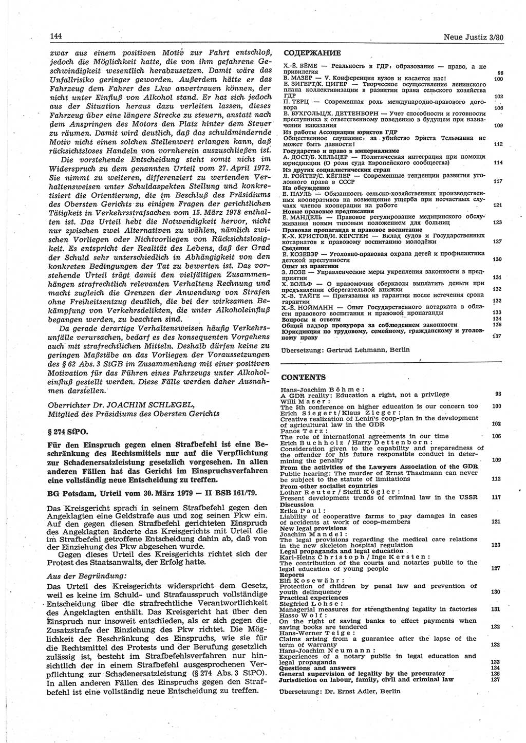 Neue Justiz (NJ), Zeitschrift für sozialistisches Recht und Gesetzlichkeit [Deutsche Demokratische Republik (DDR)], 34. Jahrgang 1980, Seite 144 (NJ DDR 1980, S. 144)