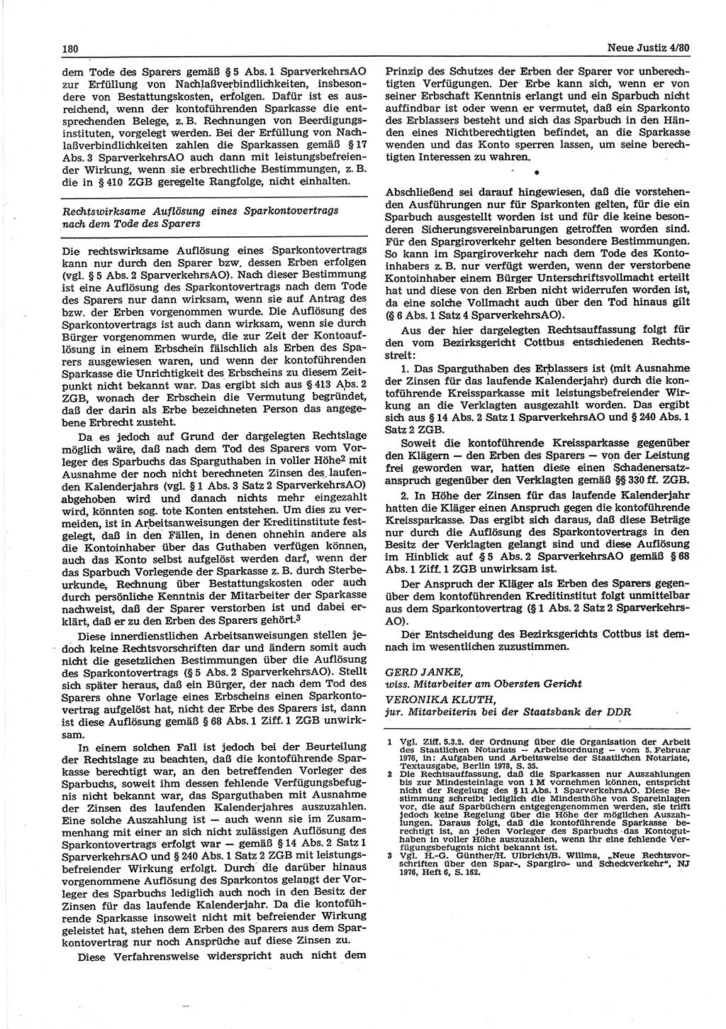 Neue Justiz (NJ), Zeitschrift für sozialistisches Recht und Gesetzlichkeit [Deutsche Demokratische Republik (DDR)], 34. Jahrgang 1980, Seite 180 (NJ DDR 1980, S. 180)