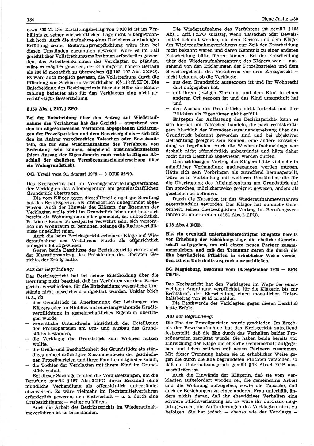 Neue Justiz (NJ), Zeitschrift für sozialistisches Recht und Gesetzlichkeit [Deutsche Demokratische Republik (DDR)], 34. Jahrgang 1980, Seite 184 (NJ DDR 1980, S. 184)