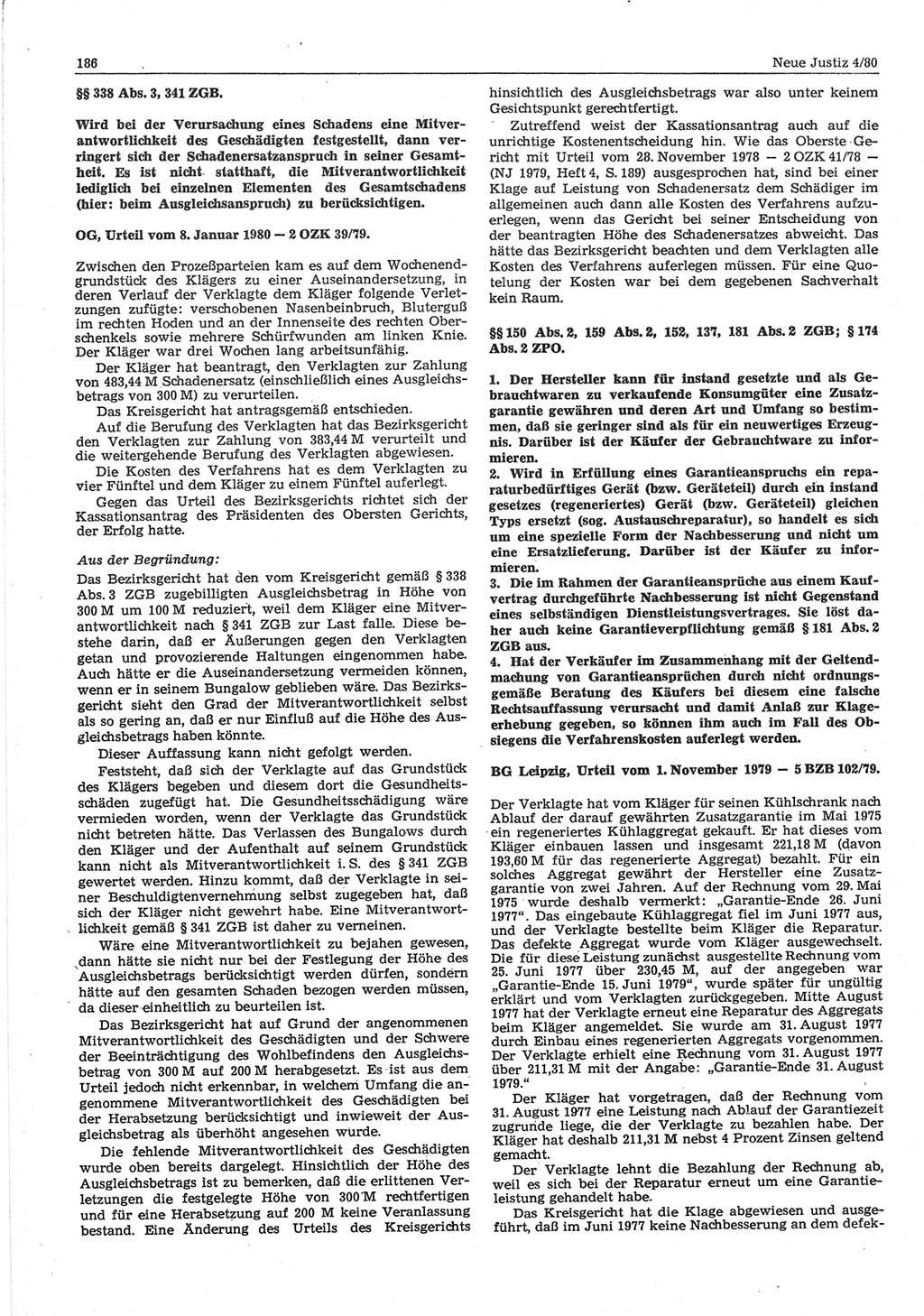 Neue Justiz (NJ), Zeitschrift für sozialistisches Recht und Gesetzlichkeit [Deutsche Demokratische Republik (DDR)], 34. Jahrgang 1980, Seite 186 (NJ DDR 1980, S. 186)