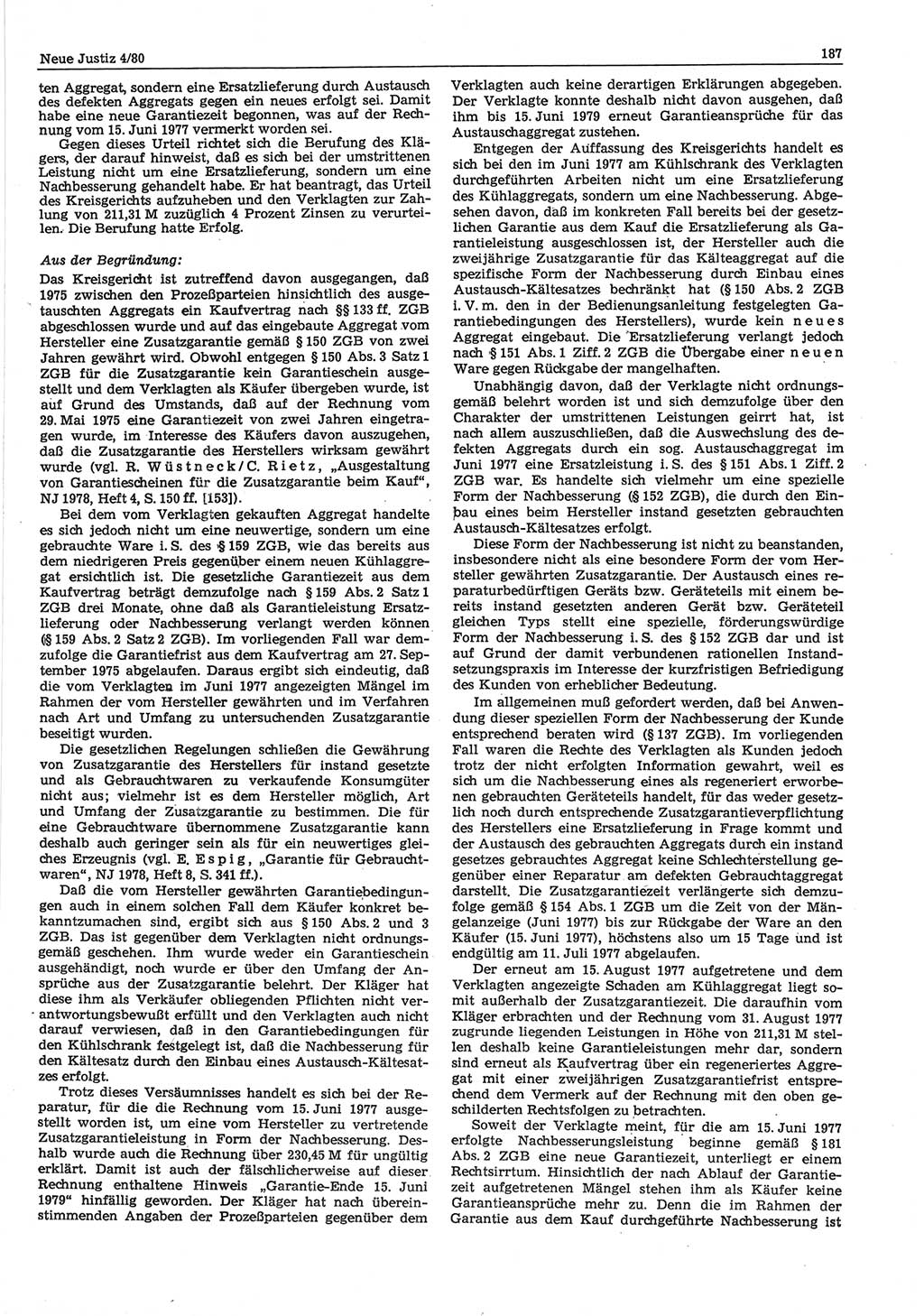 Neue Justiz (NJ), Zeitschrift für sozialistisches Recht und Gesetzlichkeit [Deutsche Demokratische Republik (DDR)], 34. Jahrgang 1980, Seite 187 (NJ DDR 1980, S. 187)