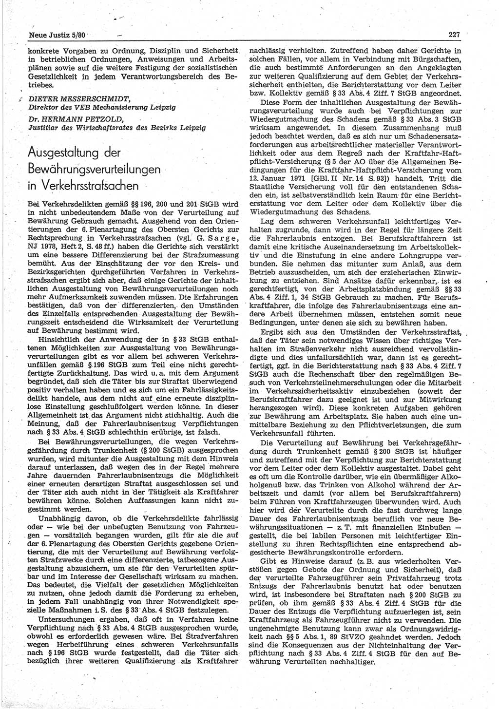 Neue Justiz (NJ), Zeitschrift für sozialistisches Recht und Gesetzlichkeit [Deutsche Demokratische Republik (DDR)], 34. Jahrgang 1980, Seite 227 (NJ DDR 1980, S. 227)