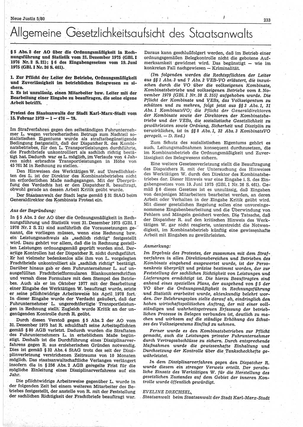 Neue Justiz (NJ), Zeitschrift für sozialistisches Recht und Gesetzlichkeit [Deutsche Demokratische Republik (DDR)], 34. Jahrgang 1980, Seite 233 (NJ DDR 1980, S. 233)