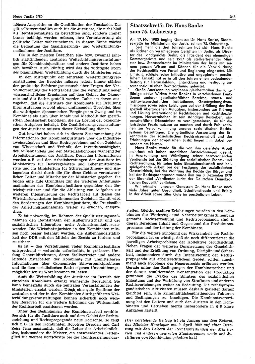 Neue Justiz (NJ), Zeitschrift für sozialistisches Recht und Gesetzlichkeit [Deutsche Demokratische Republik (DDR)], 34. Jahrgang 1980, Seite 245 (NJ DDR 1980, S. 245)