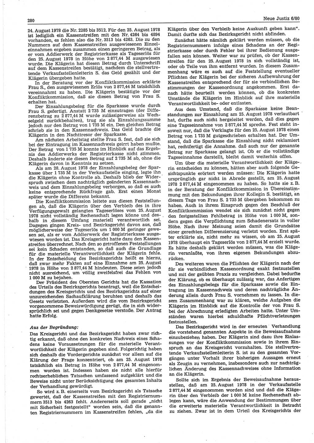 Neue Justiz (NJ), Zeitschrift für sozialistisches Recht und Gesetzlichkeit [Deutsche Demokratische Republik (DDR)], 34. Jahrgang 1980, Seite 280 (NJ DDR 1980, S. 280)