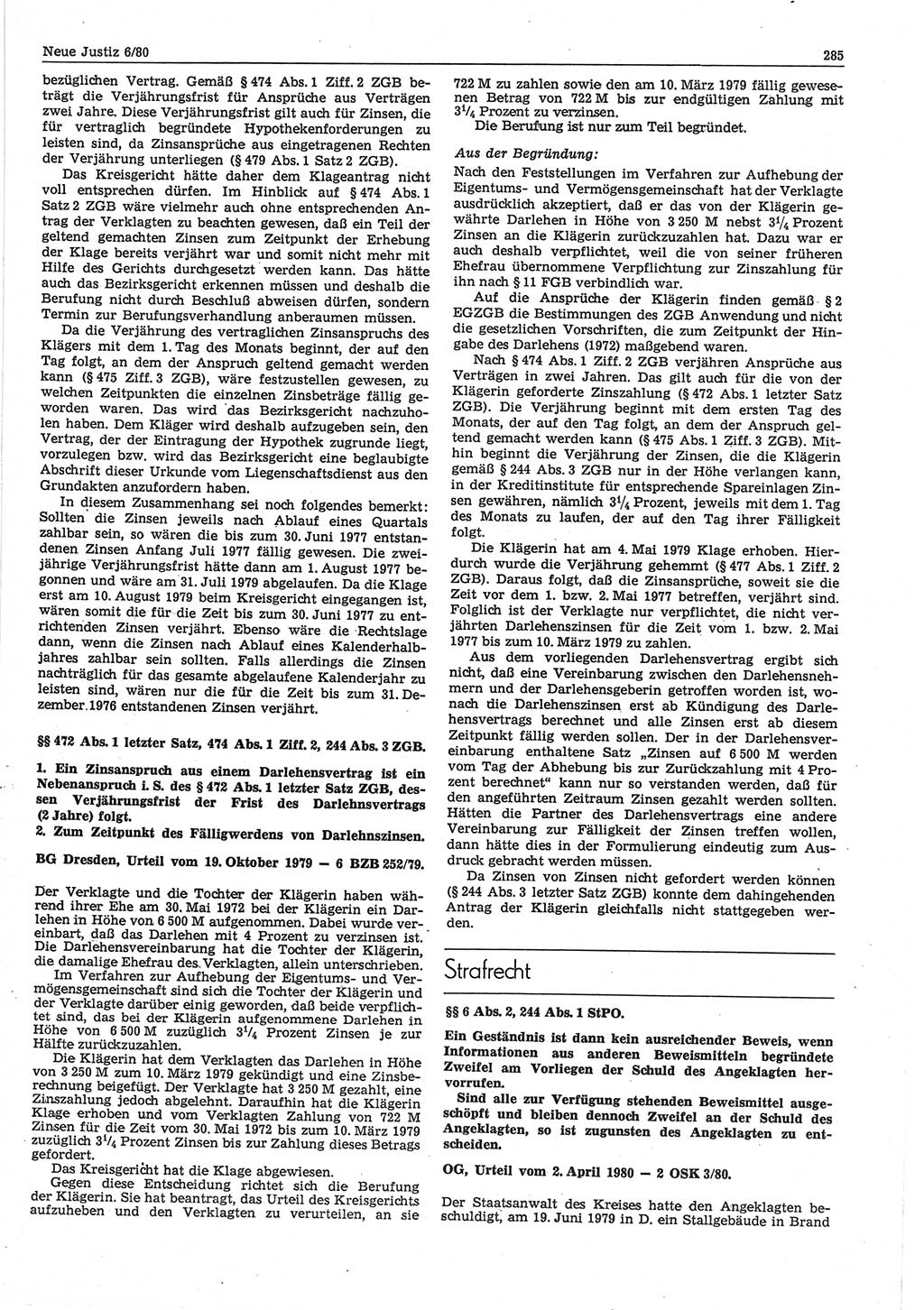 Neue Justiz (NJ), Zeitschrift für sozialistisches Recht und Gesetzlichkeit [Deutsche Demokratische Republik (DDR)], 34. Jahrgang 1980, Seite 285 (NJ DDR 1980, S. 285)