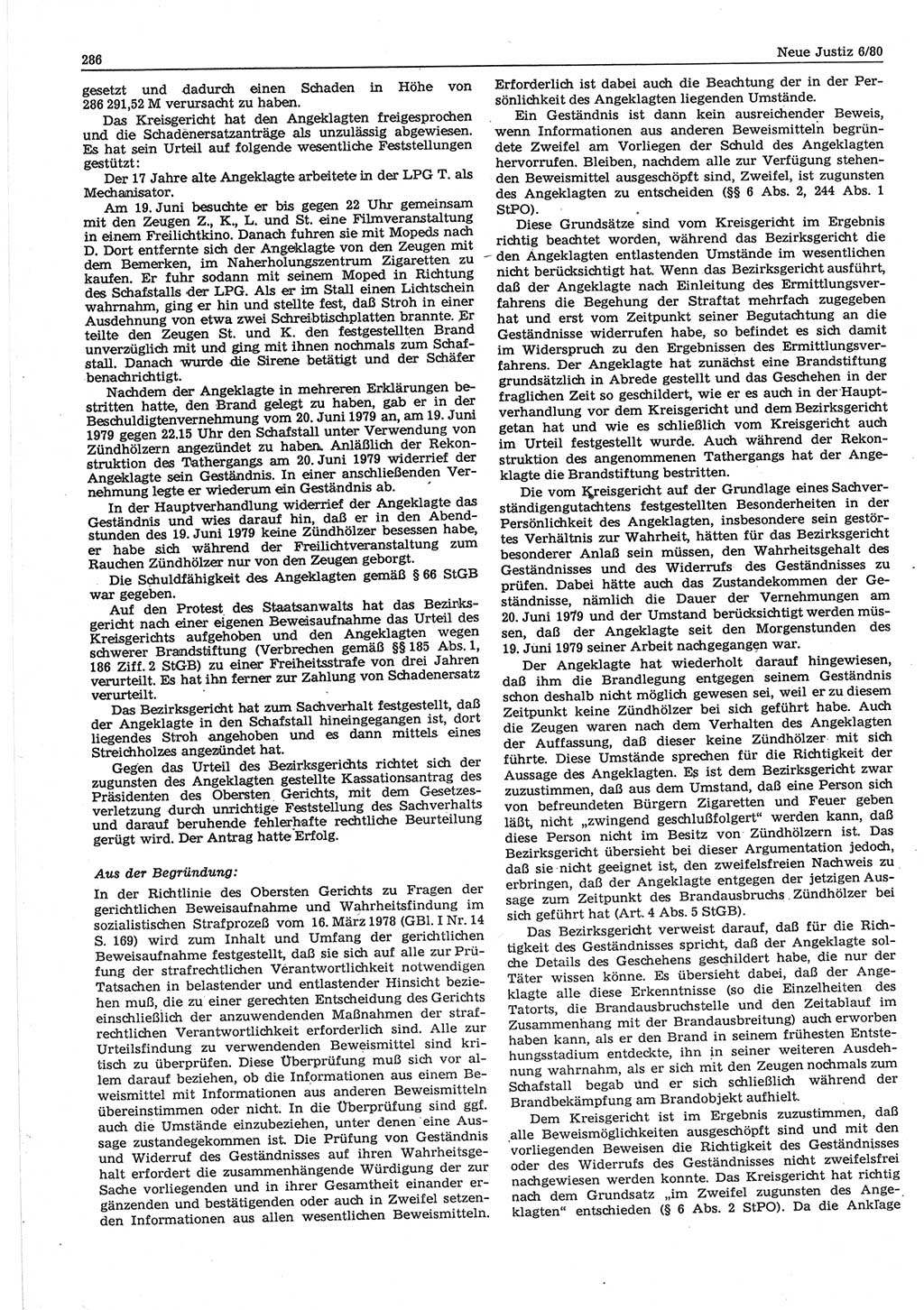 Neue Justiz (NJ), Zeitschrift für sozialistisches Recht und Gesetzlichkeit [Deutsche Demokratische Republik (DDR)], 34. Jahrgang 1980, Seite 286 (NJ DDR 1980, S. 286)