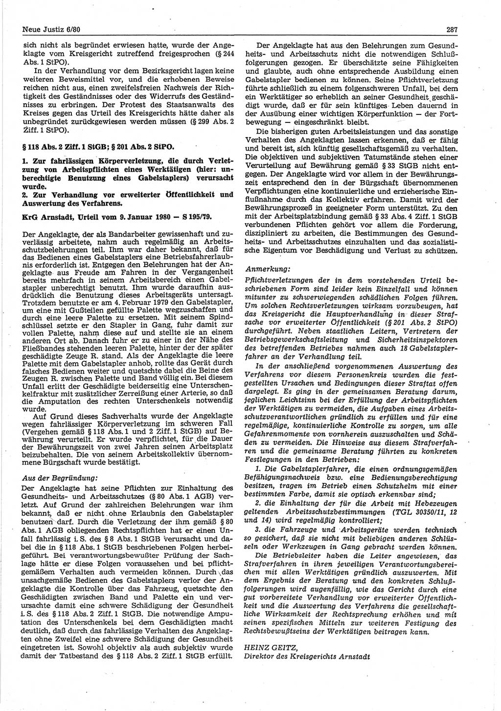 Neue Justiz (NJ), Zeitschrift für sozialistisches Recht und Gesetzlichkeit [Deutsche Demokratische Republik (DDR)], 34. Jahrgang 1980, Seite 287 (NJ DDR 1980, S. 287)