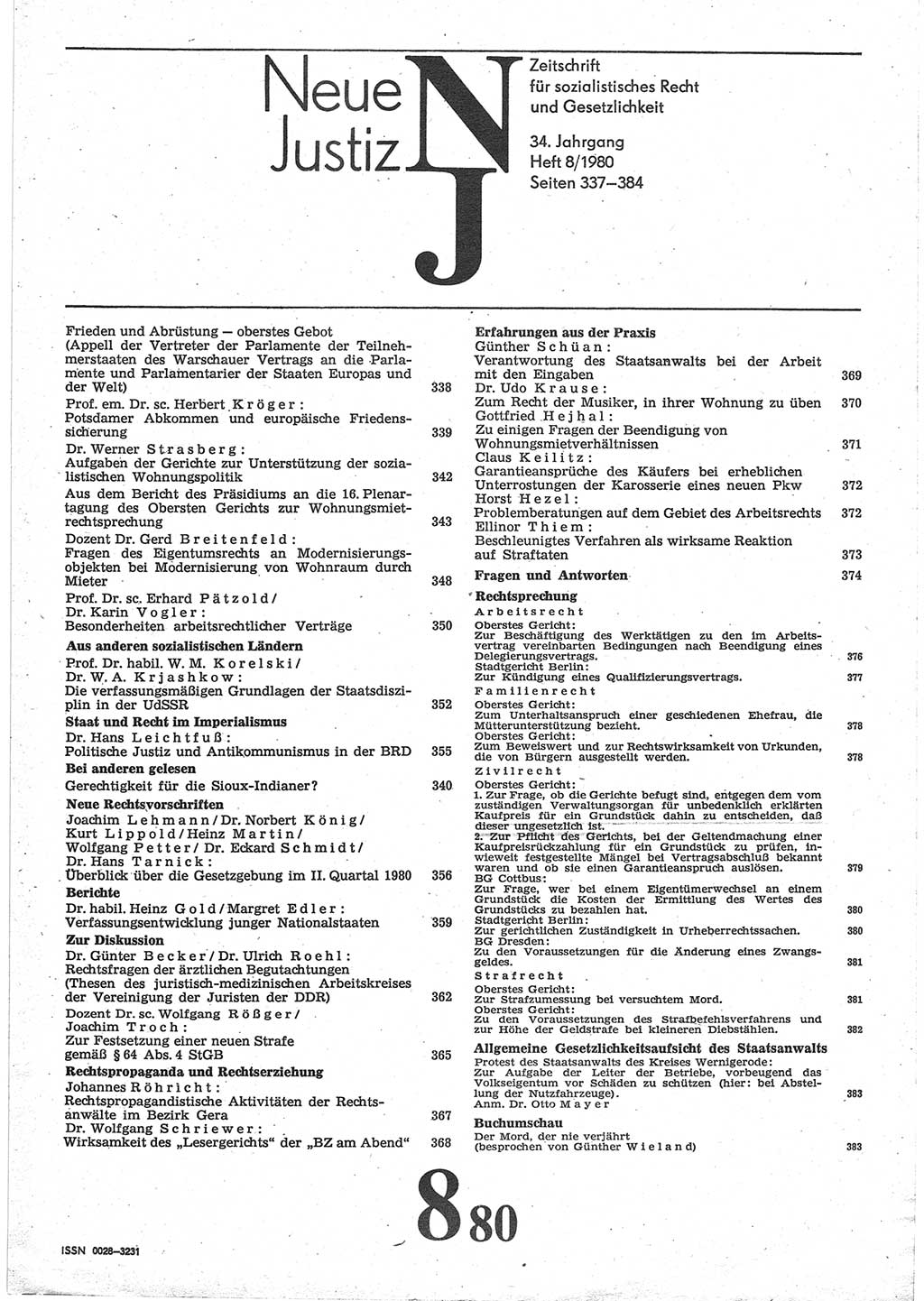 Neue Justiz (NJ), Zeitschrift für sozialistisches Recht und Gesetzlichkeit [Deutsche Demokratische Republik (DDR)], 34. Jahrgang 1980, Seite 337 (NJ DDR 1980, S. 337)