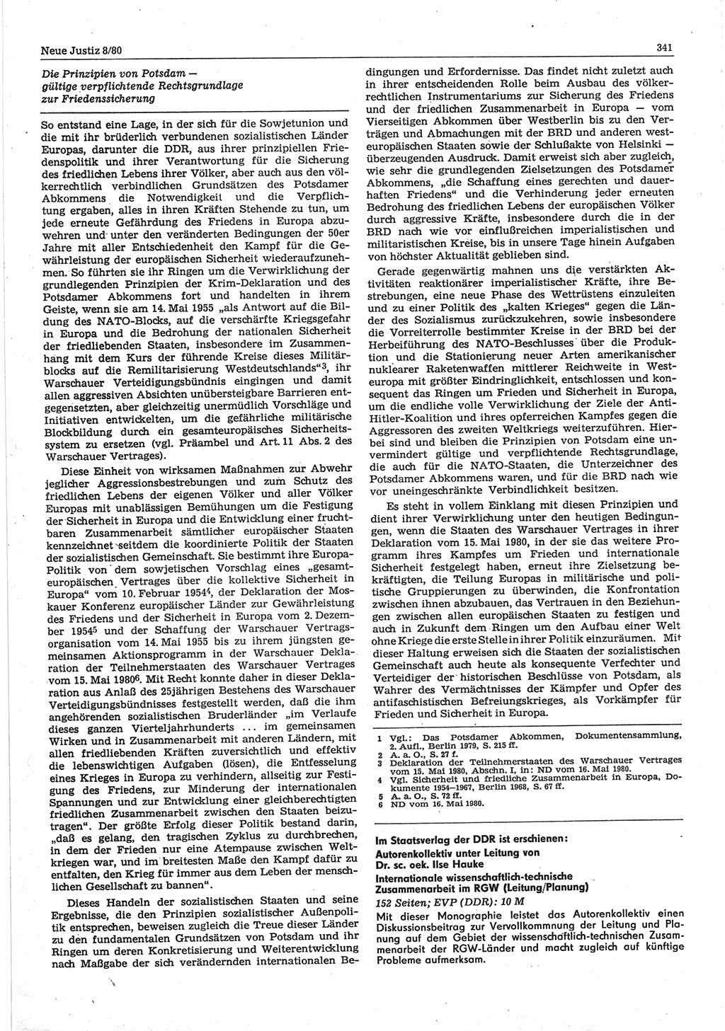 Neue Justiz (NJ), Zeitschrift für sozialistisches Recht und Gesetzlichkeit [Deutsche Demokratische Republik (DDR)], 34. Jahrgang 1980, Seite 341 (NJ DDR 1980, S. 341)