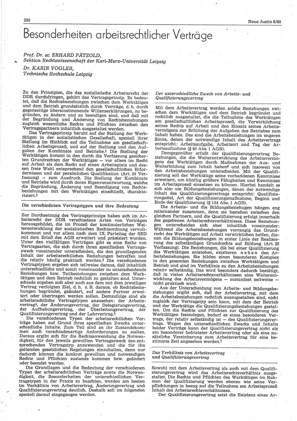 Neue Justiz (NJ), Zeitschrift für sozialistisches Recht und Gesetzlichkeit [Deutsche Demokratische Republik (DDR)], 34. Jahrgang 1980, Seite 350 (NJ DDR 1980, S. 350)