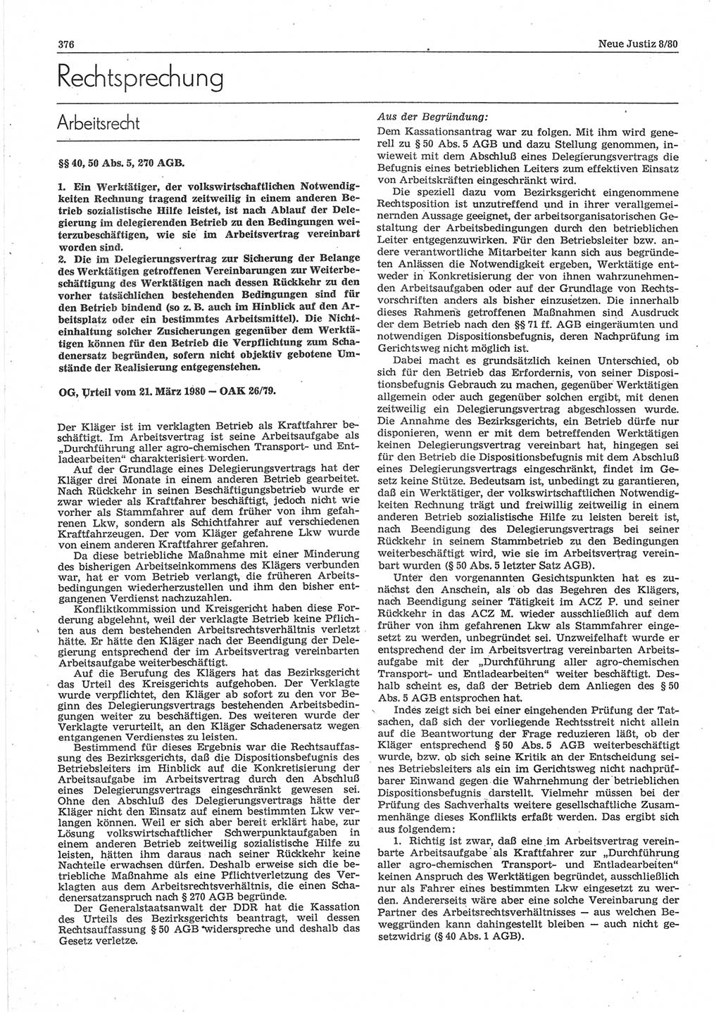 Neue Justiz (NJ), Zeitschrift für sozialistisches Recht und Gesetzlichkeit [Deutsche Demokratische Republik (DDR)], 34. Jahrgang 1980, Seite 376 (NJ DDR 1980, S. 376)