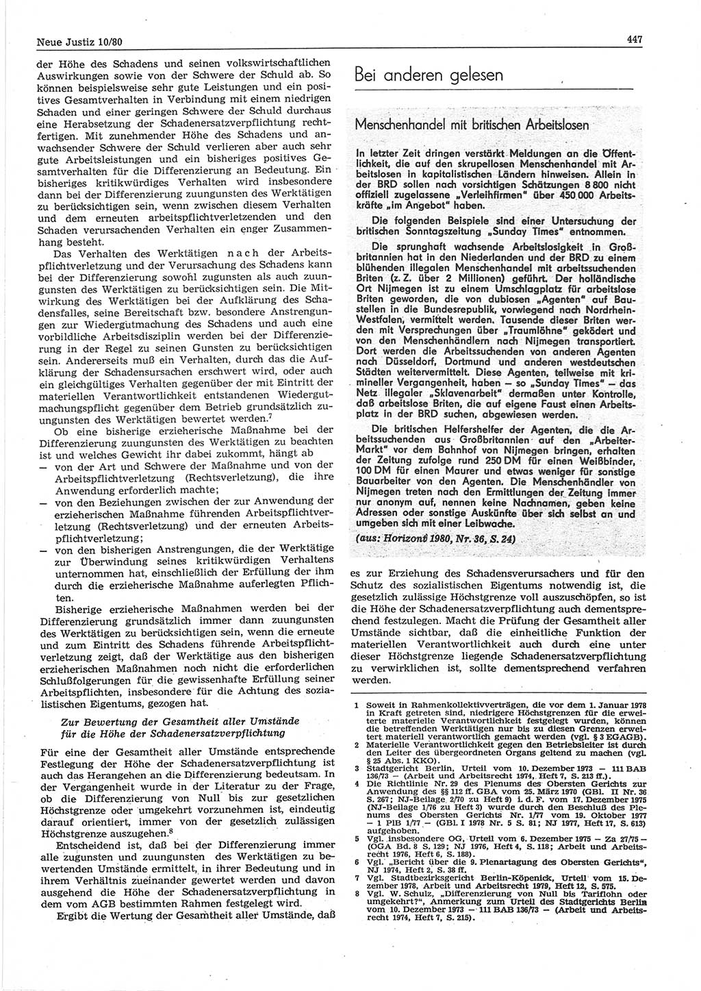 Neue Justiz (NJ), Zeitschrift für sozialistisches Recht und Gesetzlichkeit [Deutsche Demokratische Republik (DDR)], 34. Jahrgang 1980, Seite 447 (NJ DDR 1980, S. 447)