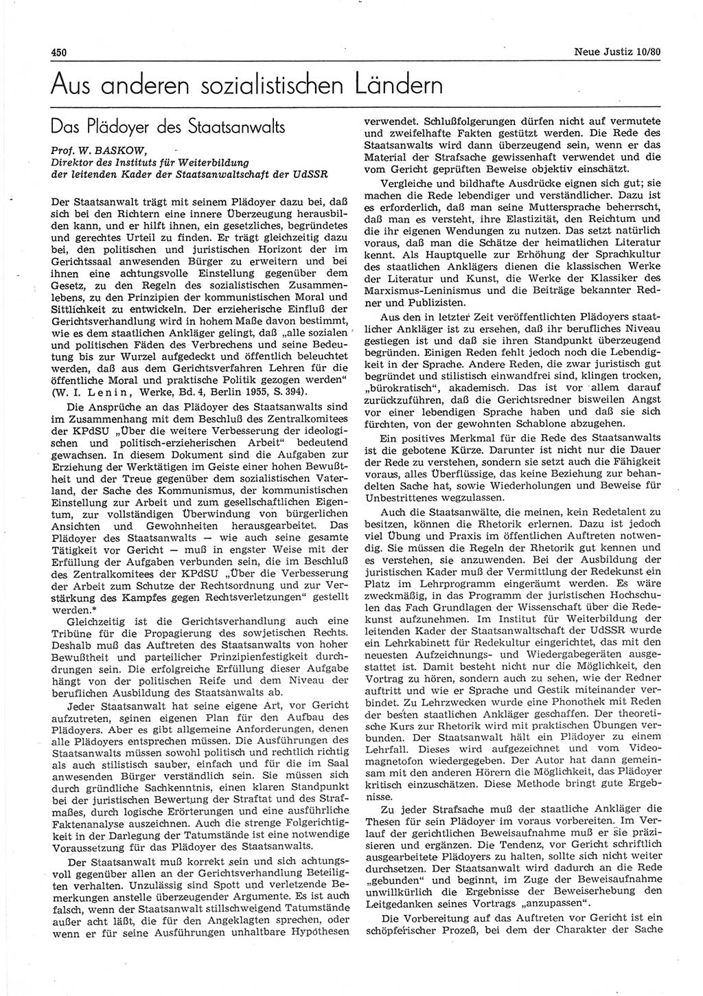 Neue Justiz (NJ), Zeitschrift für sozialistisches Recht und Gesetzlichkeit [Deutsche Demokratische Republik (DDR)], 34. Jahrgang 1980, Seite 450 (NJ DDR 1980, S. 450)