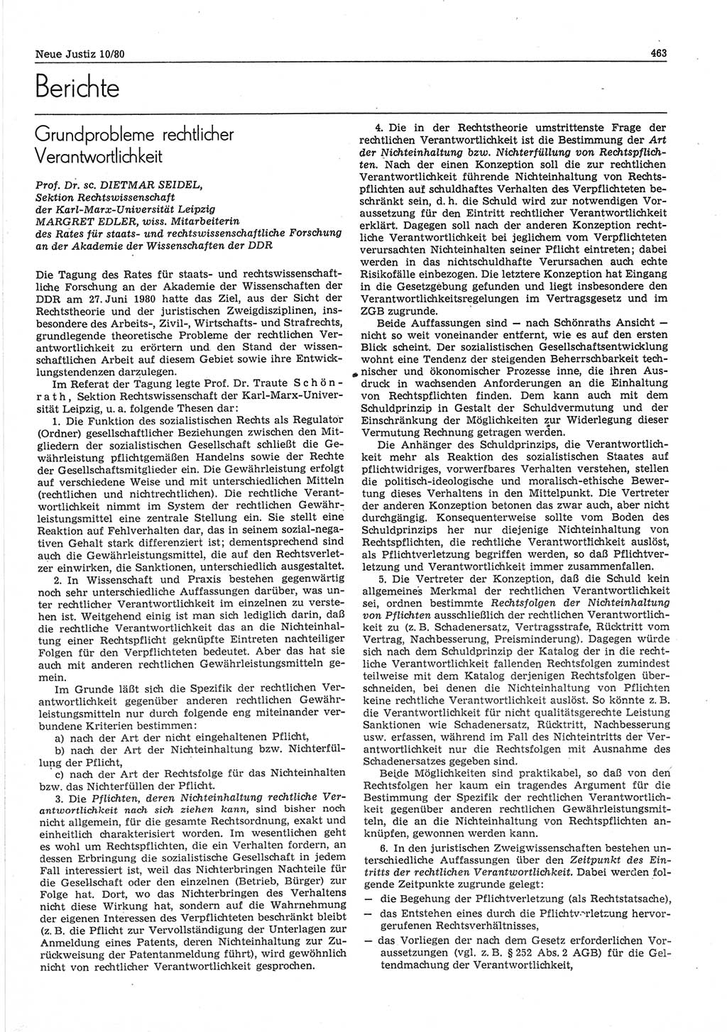 Neue Justiz (NJ), Zeitschrift für sozialistisches Recht und Gesetzlichkeit [Deutsche Demokratische Republik (DDR)], 34. Jahrgang 1980, Seite 463 (NJ DDR 1980, S. 463)