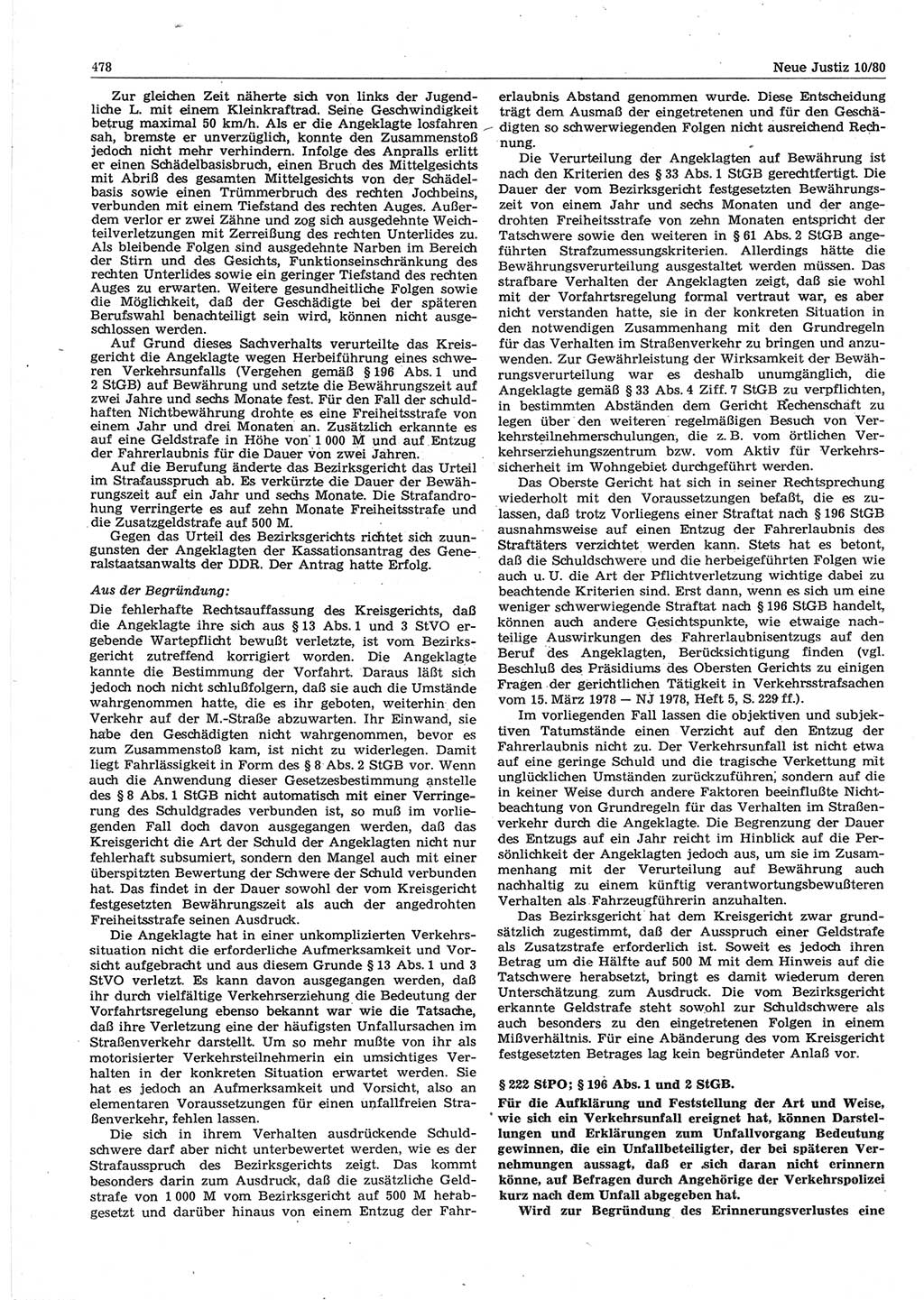 Neue Justiz (NJ), Zeitschrift für sozialistisches Recht und Gesetzlichkeit [Deutsche Demokratische Republik (DDR)], 34. Jahrgang 1980, Seite 478 (NJ DDR 1980, S. 478)