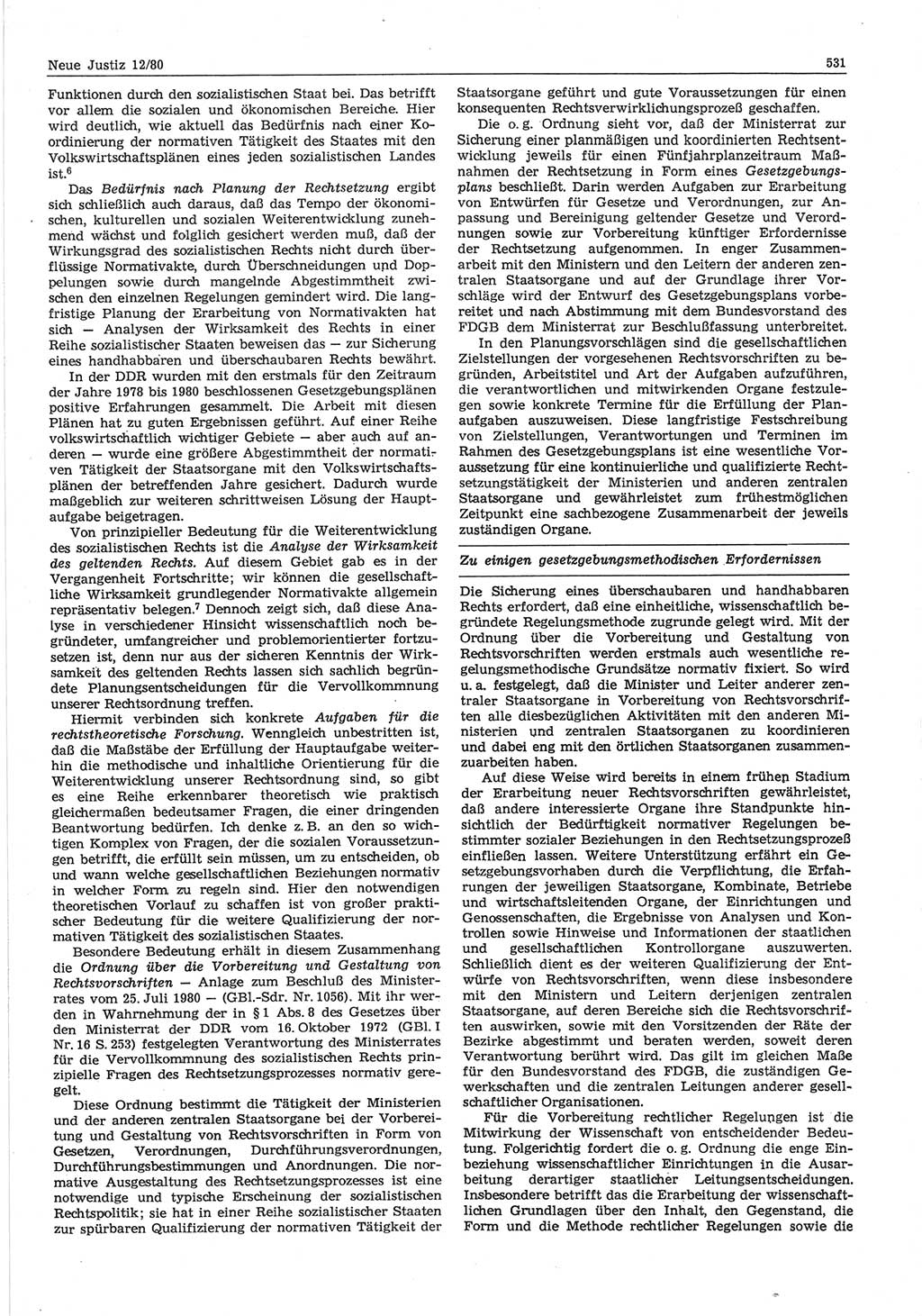 Neue Justiz (NJ), Zeitschrift für sozialistisches Recht und Gesetzlichkeit [Deutsche Demokratische Republik (DDR)], 34. Jahrgang 1980, Seite 531 (NJ DDR 1980, S. 531)